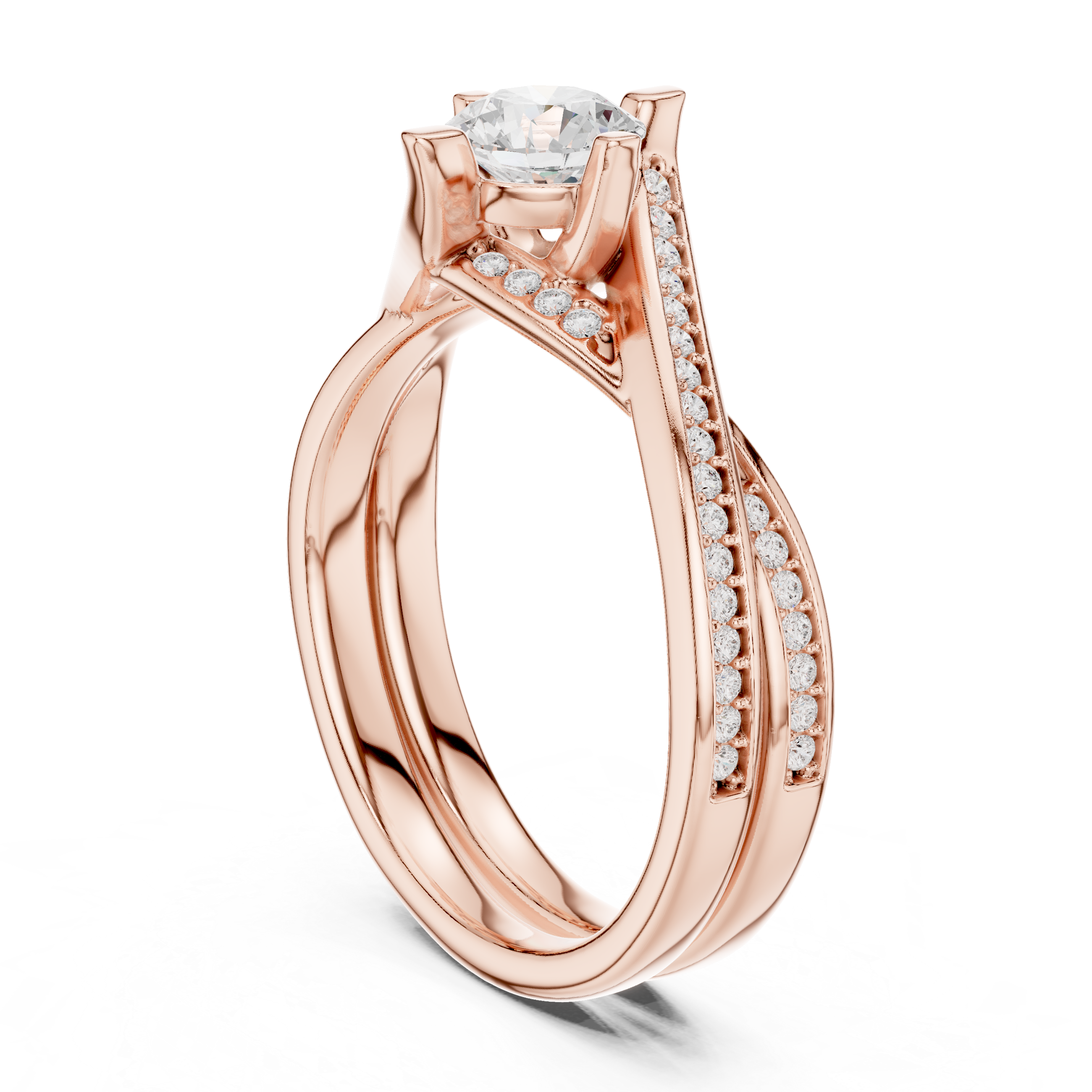 Twisted Split Shank Diamond Engagement Ring – Criss Cross Pavé Solitaire Ring