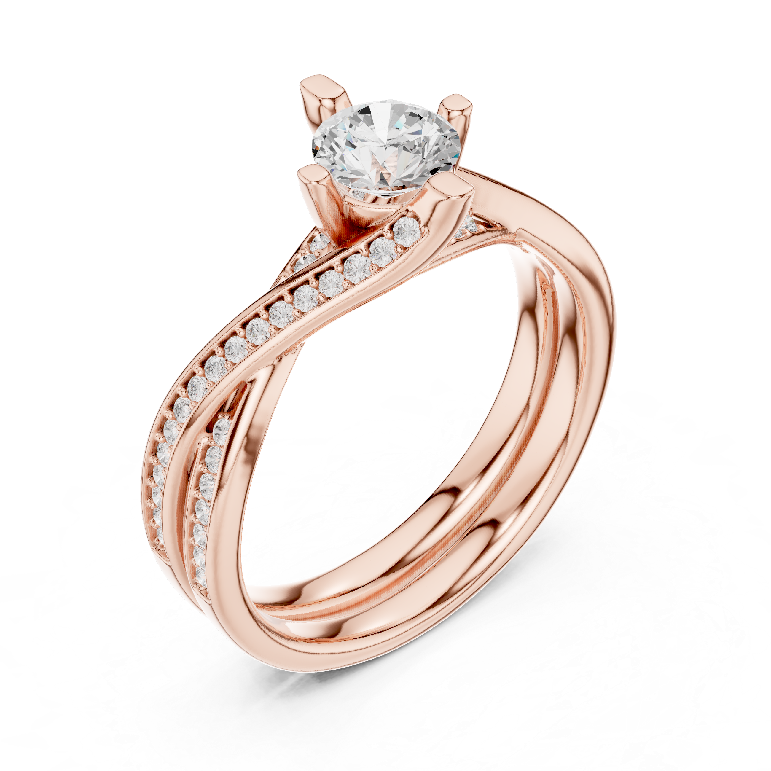 Twisted Split Shank Diamond Engagement Ring – Criss Cross Pavé Solitaire Ring
