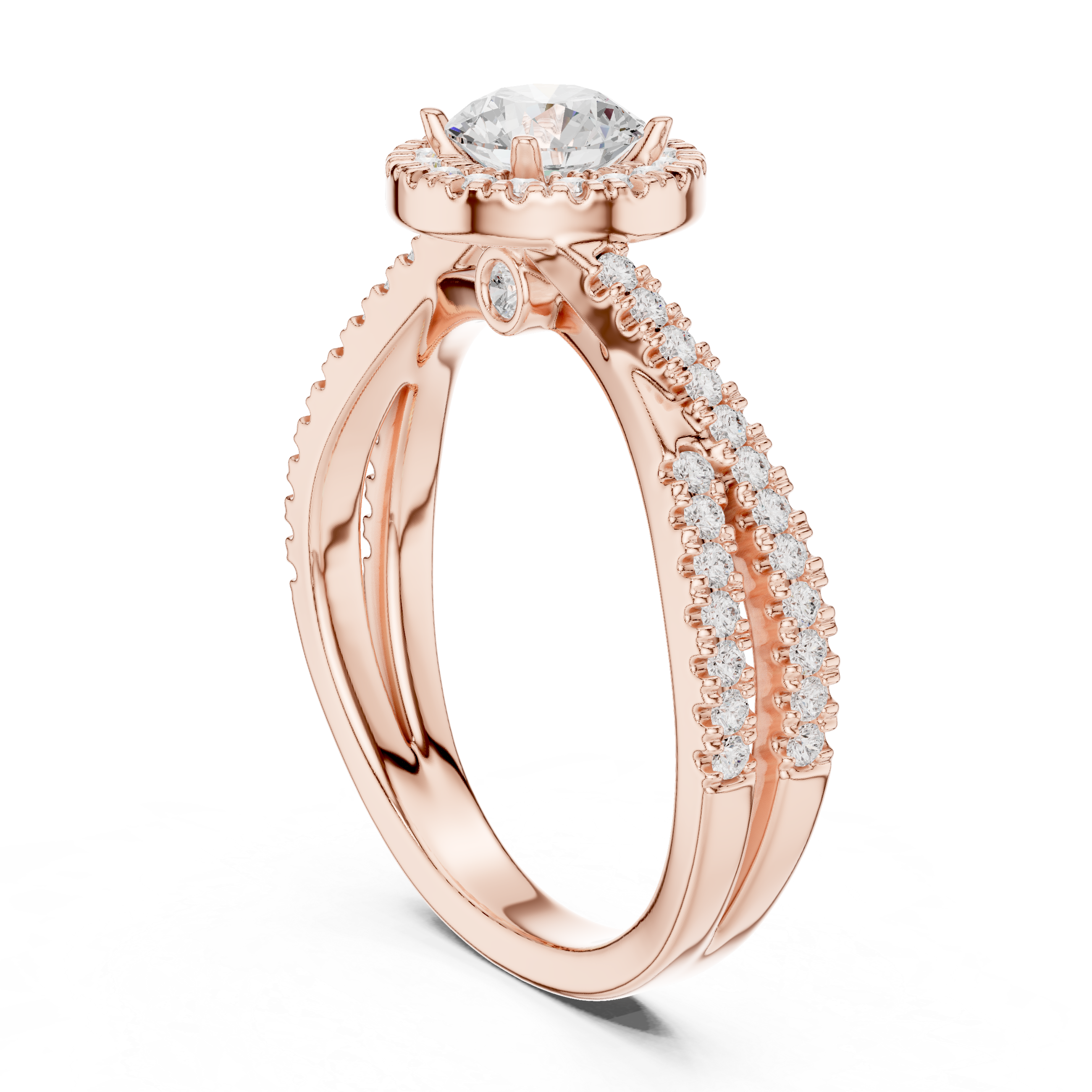 Halo Split Shank Diamond Engagement Ring – Round Cut Pavé Bridal Ring