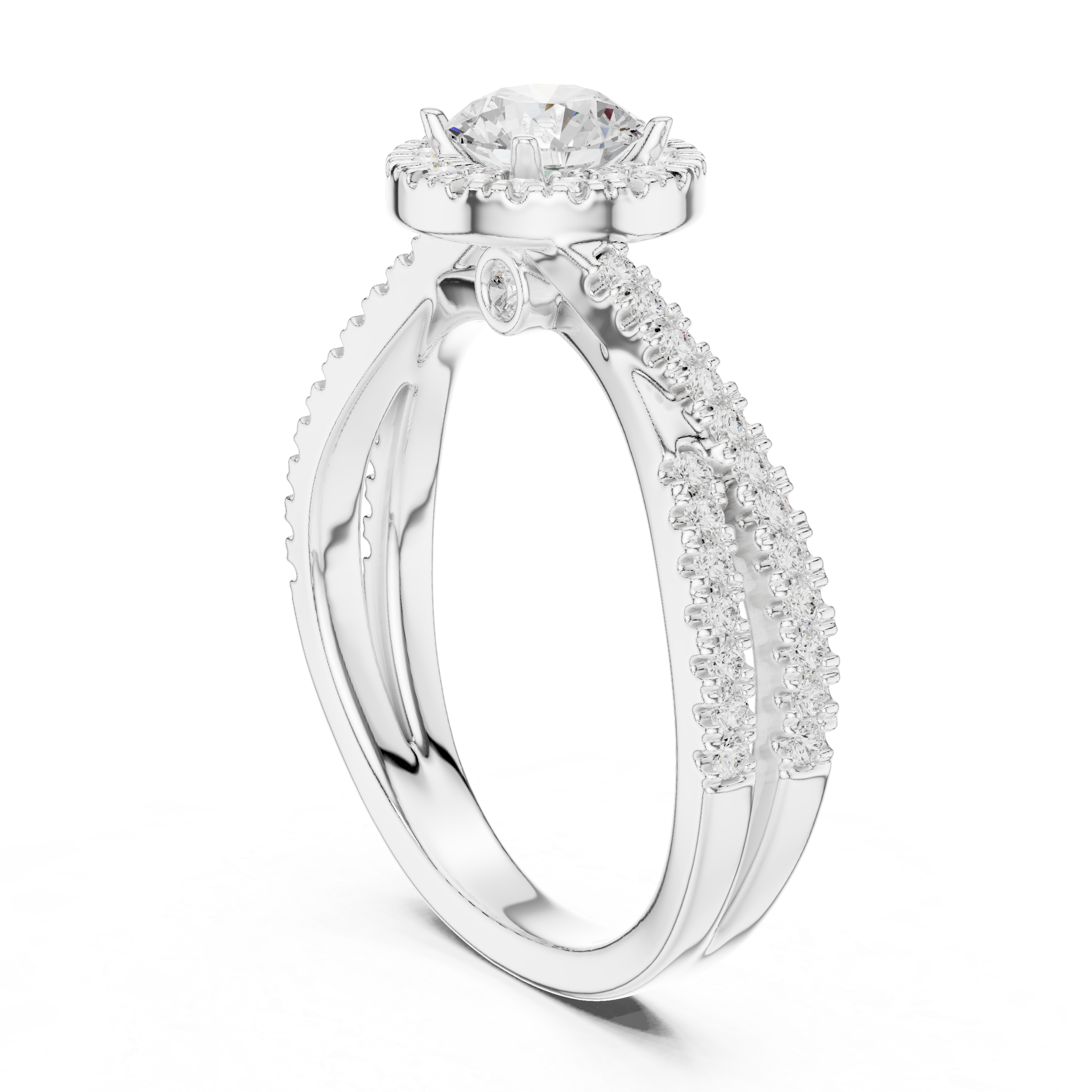 Halo Split Shank Diamond Engagement Ring – Round Cut Pavé Bridal Ring