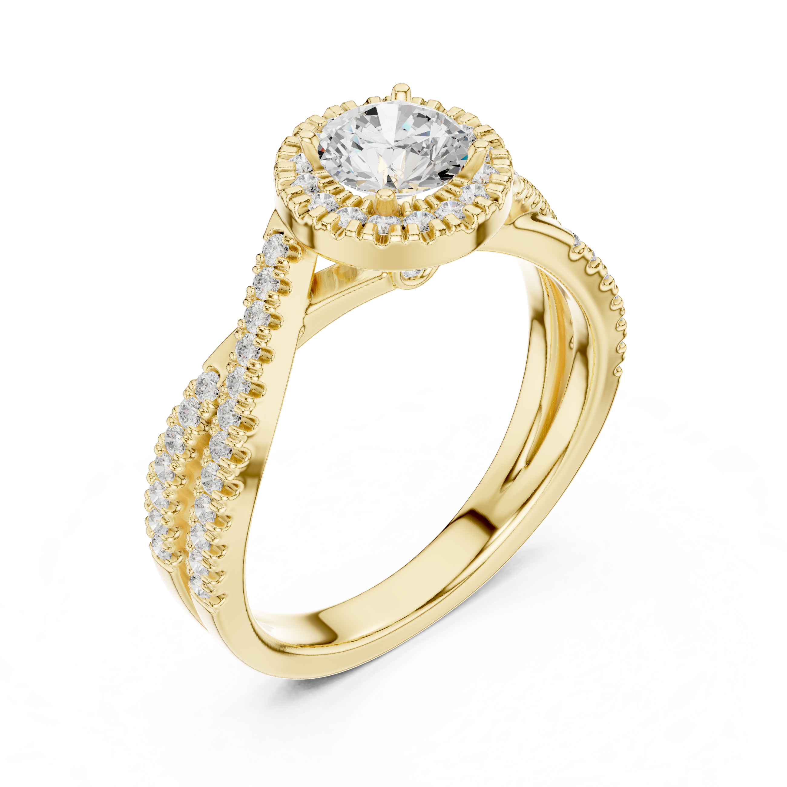Halo Split Shank Diamond Engagement Ring – Round Cut Pavé Bridal Ring