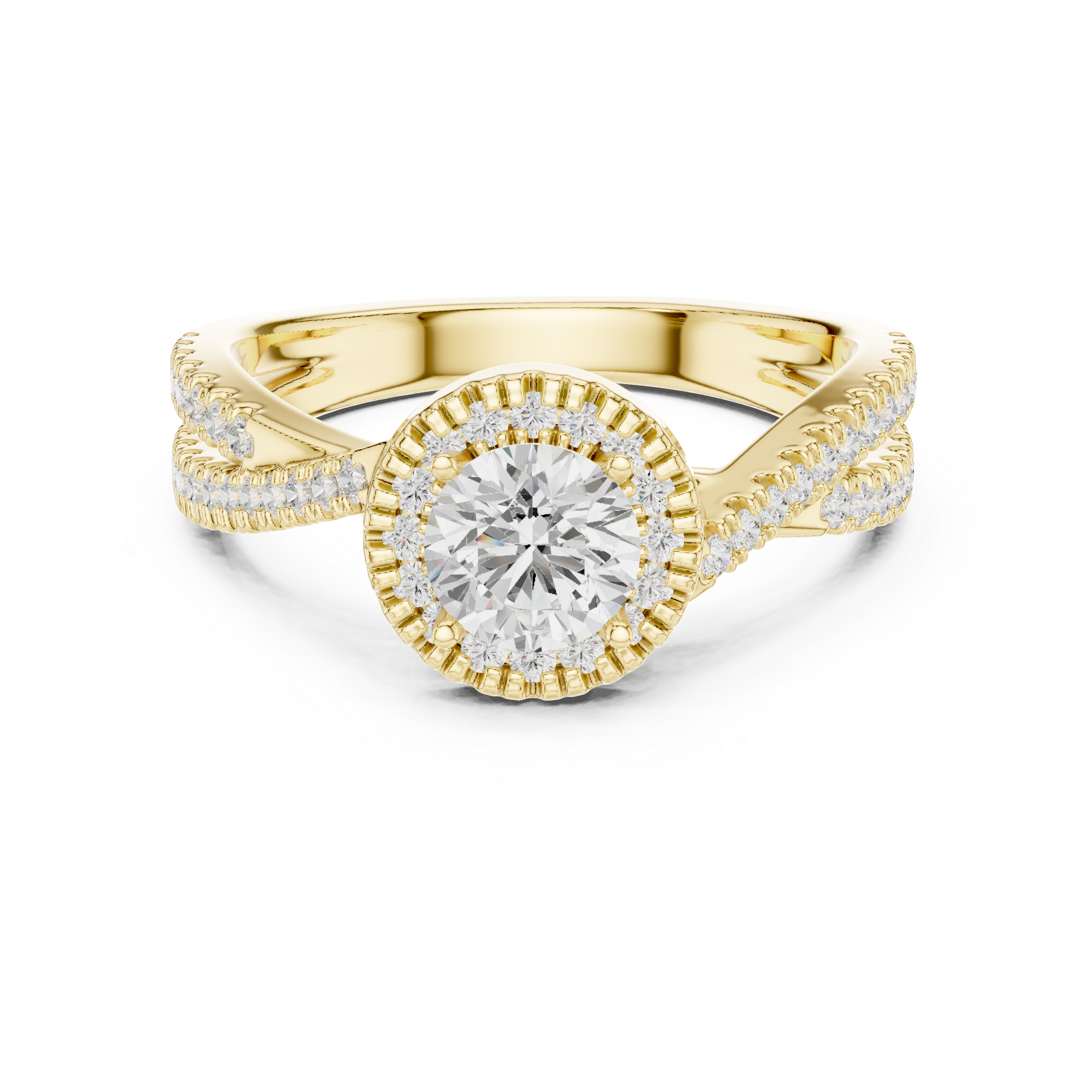 Halo Split Shank Diamond Engagement Ring – Round Cut Pavé Bridal Ring
