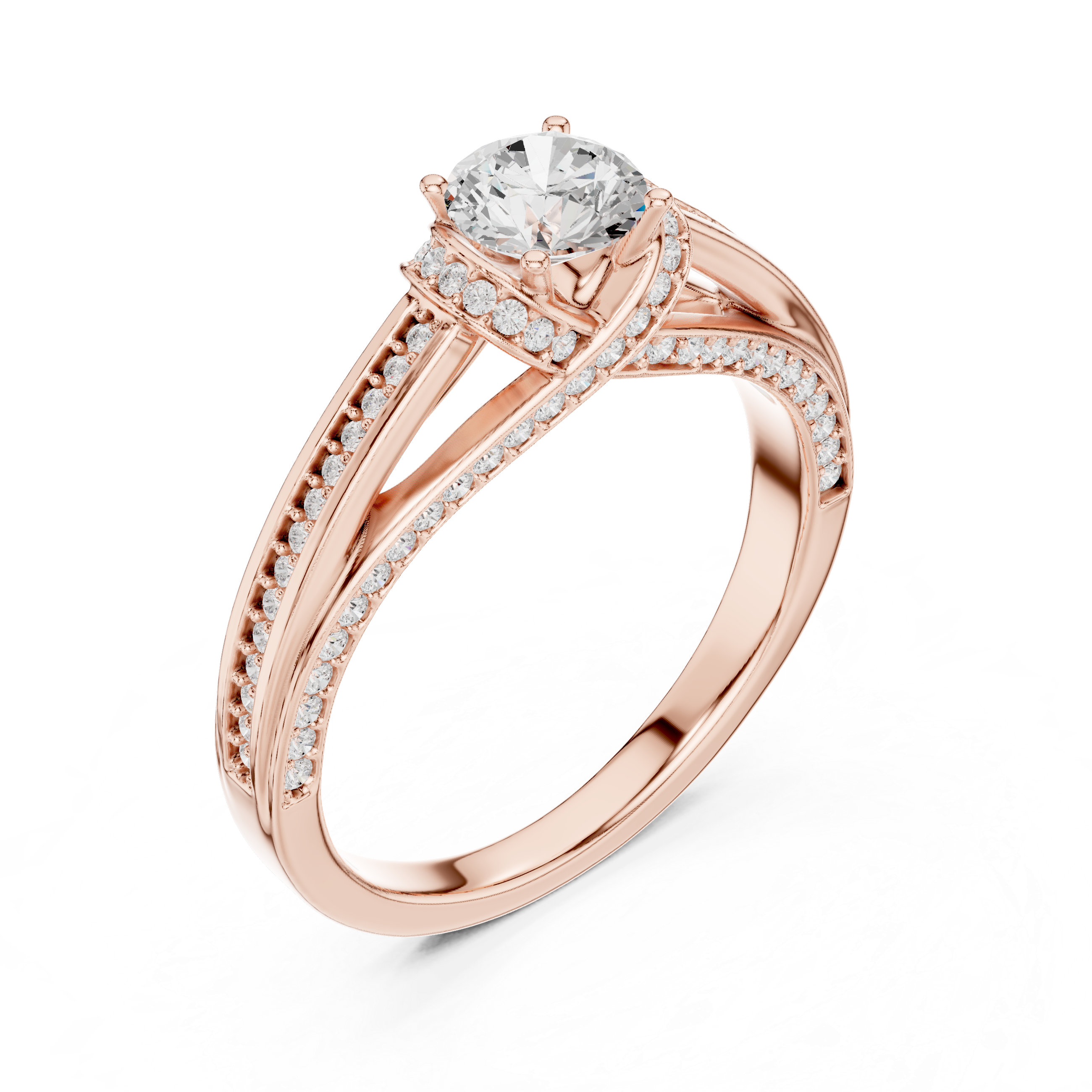 Twisted Split Shank Halo Engagement Ring – Round Cut Pavé Diamond Bridal Ring