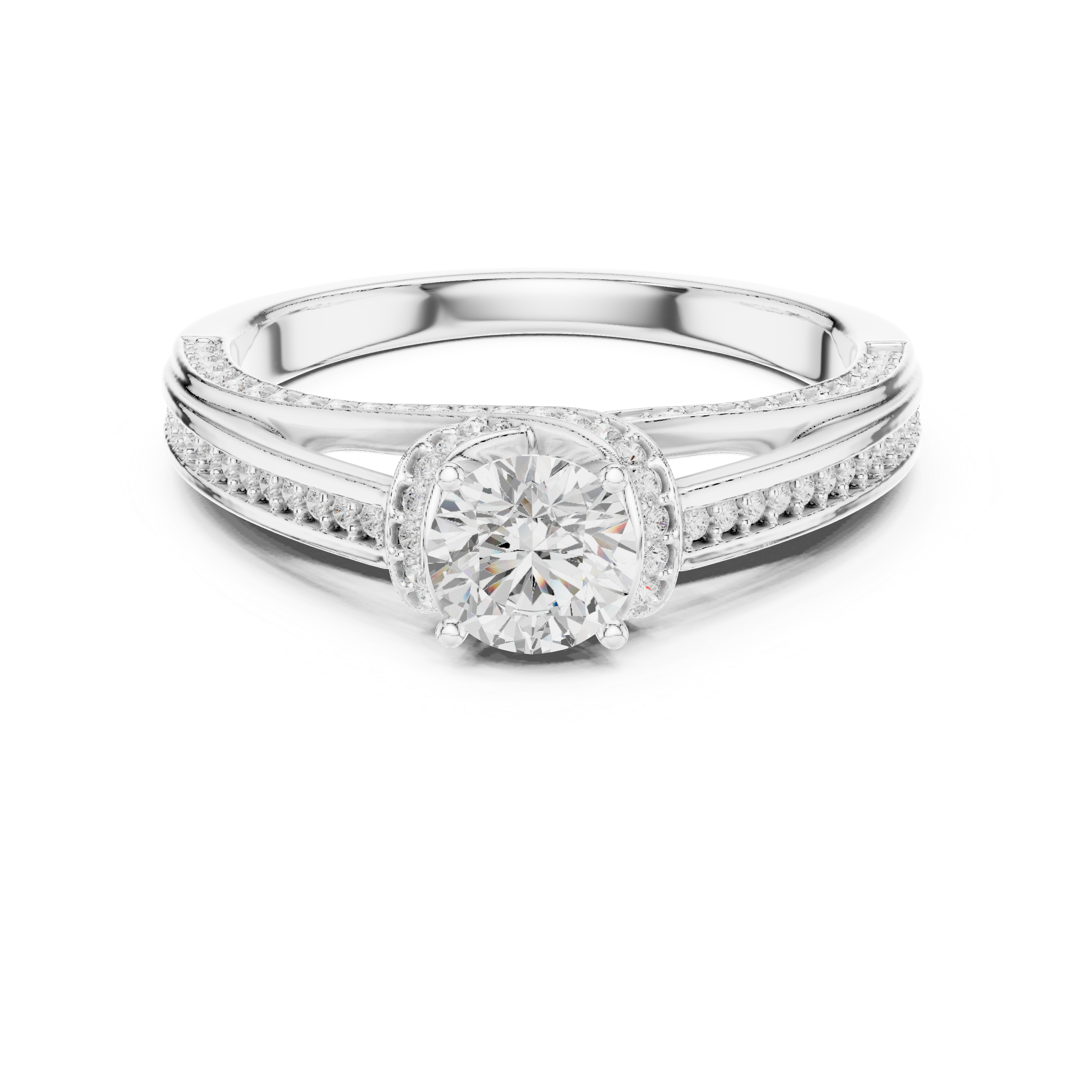 Twisted Split Shank Halo Engagement Ring – Round Cut Pavé Diamond Bridal Ring