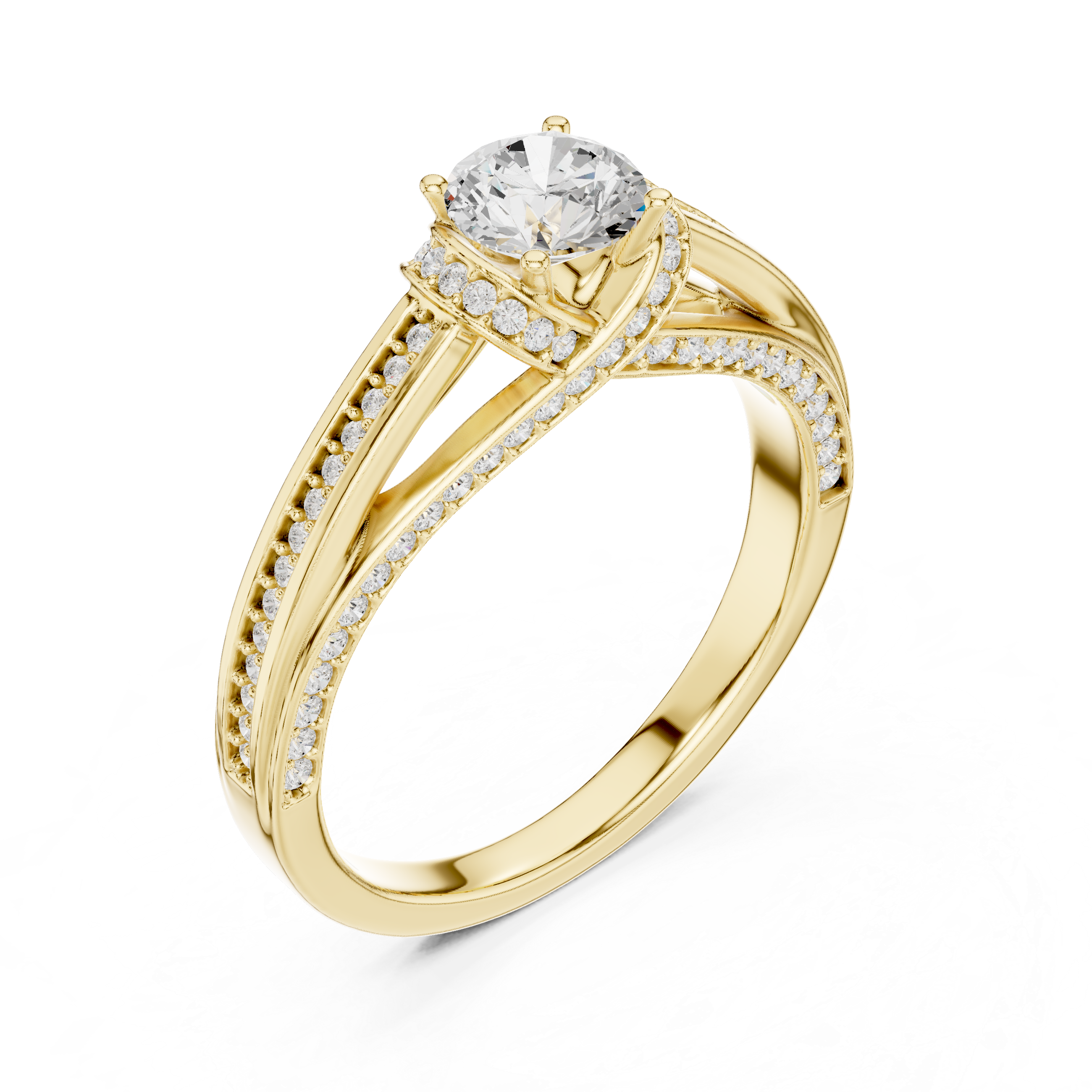 Twisted Split Shank Halo Engagement Ring – Round Cut Pavé Diamond Bridal Ring