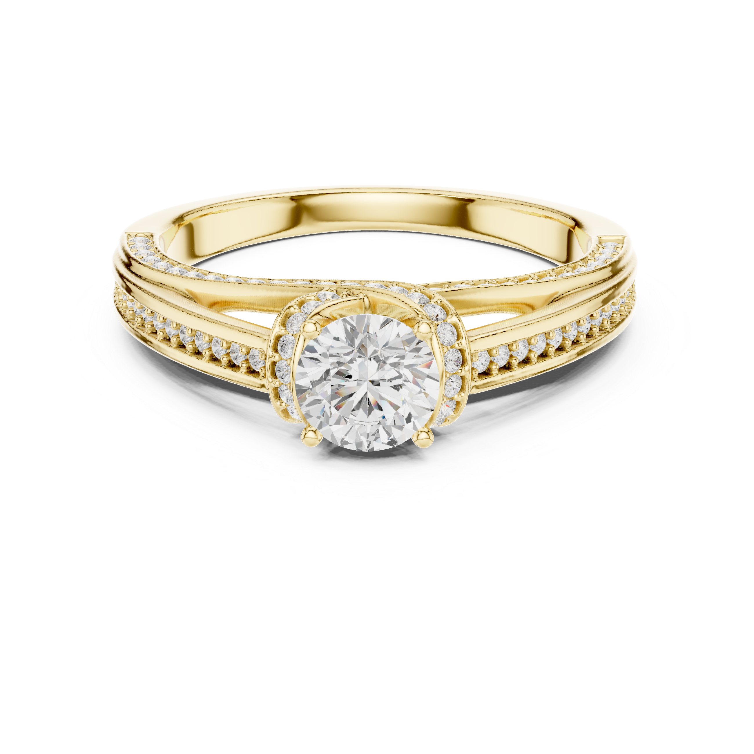 Twisted Split Shank Halo Engagement Ring – Round Cut Pavé Diamond Bridal Ring