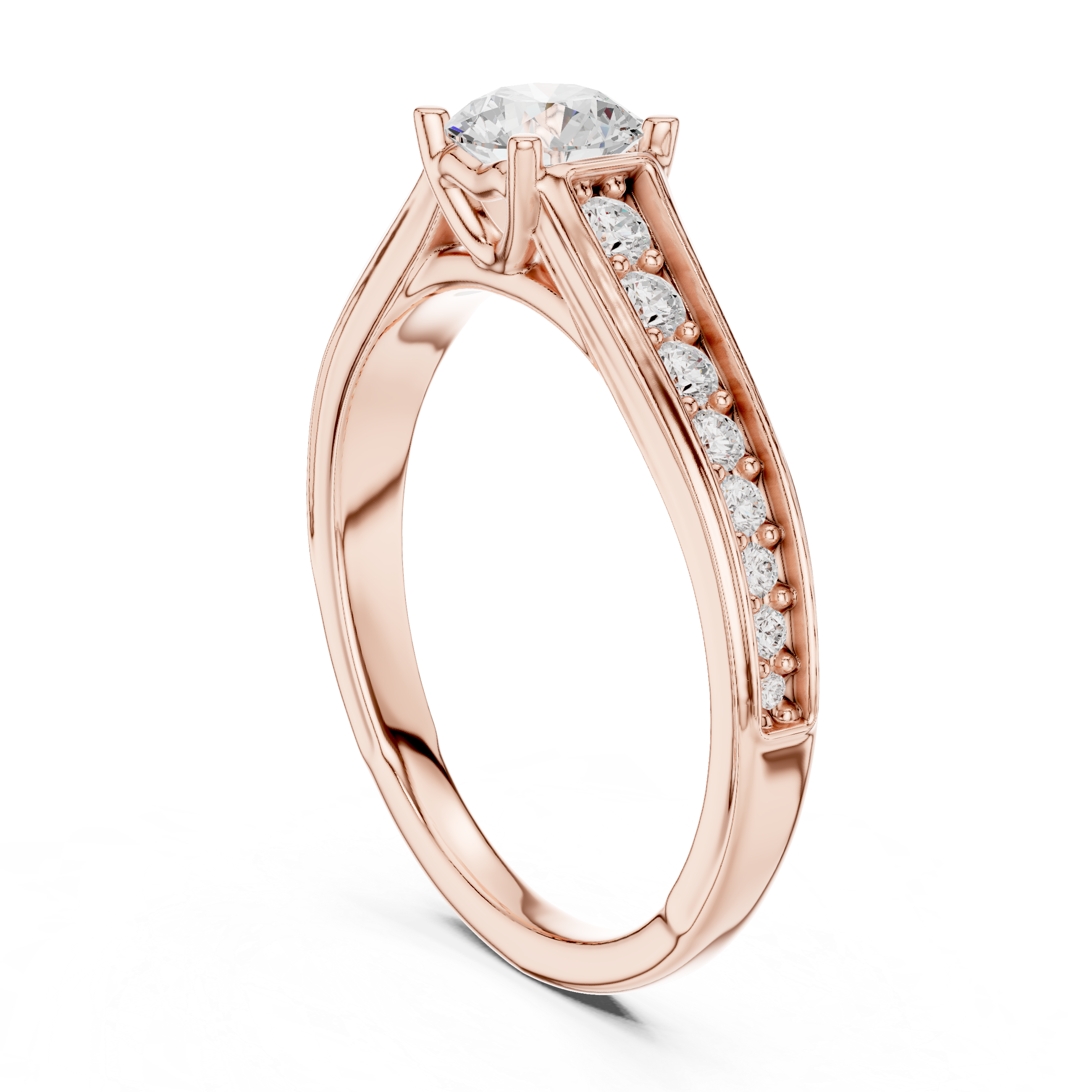 Tapered Pavé Diamond Engagement Ring – Round Solitaire Cathedral Ring