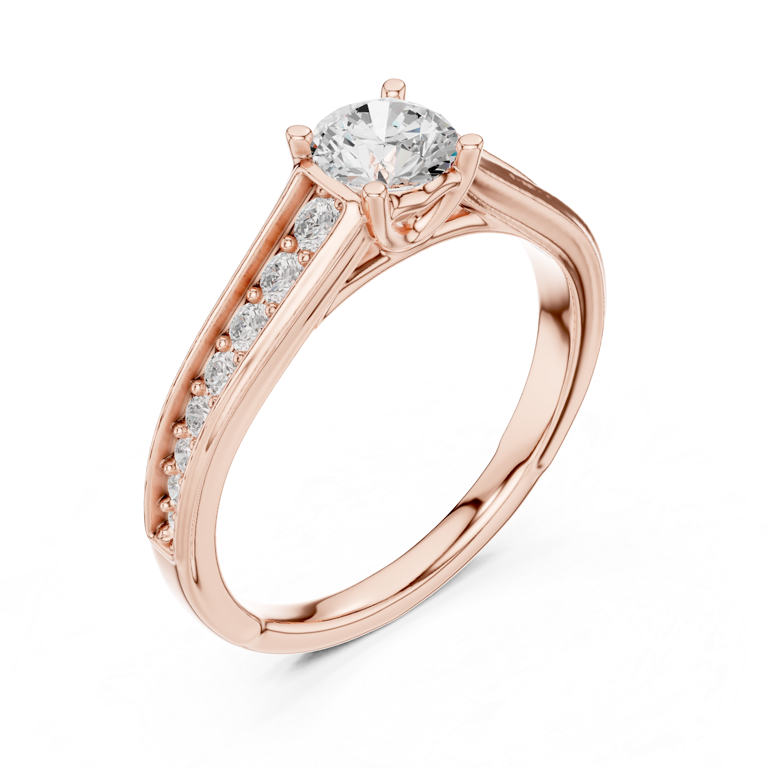 Tapered Pavé Diamond Engagement Ring – Round Solitaire Cathedral Ring