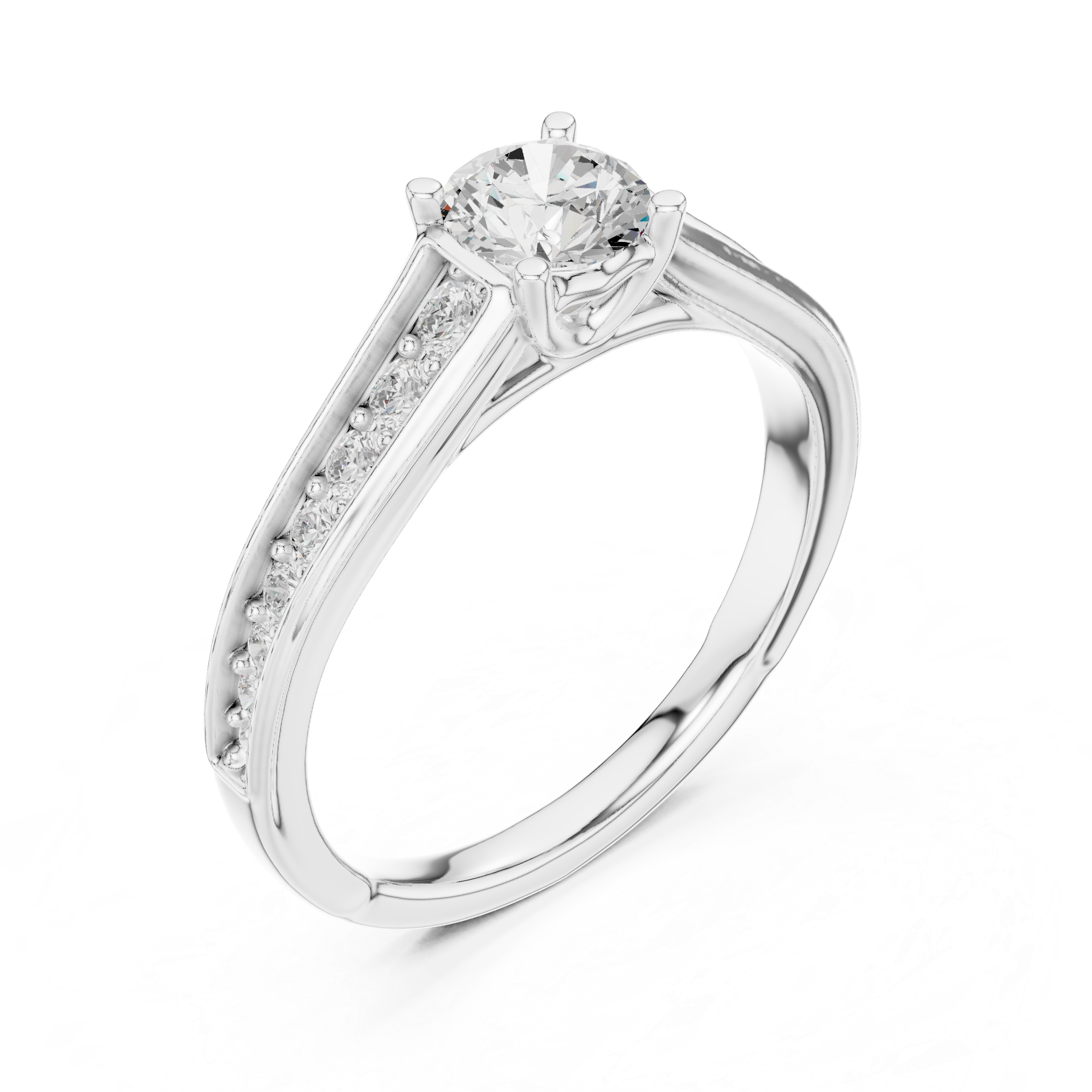 Tapered Pavé Diamond Engagement Ring – Round Solitaire Cathedral Ring