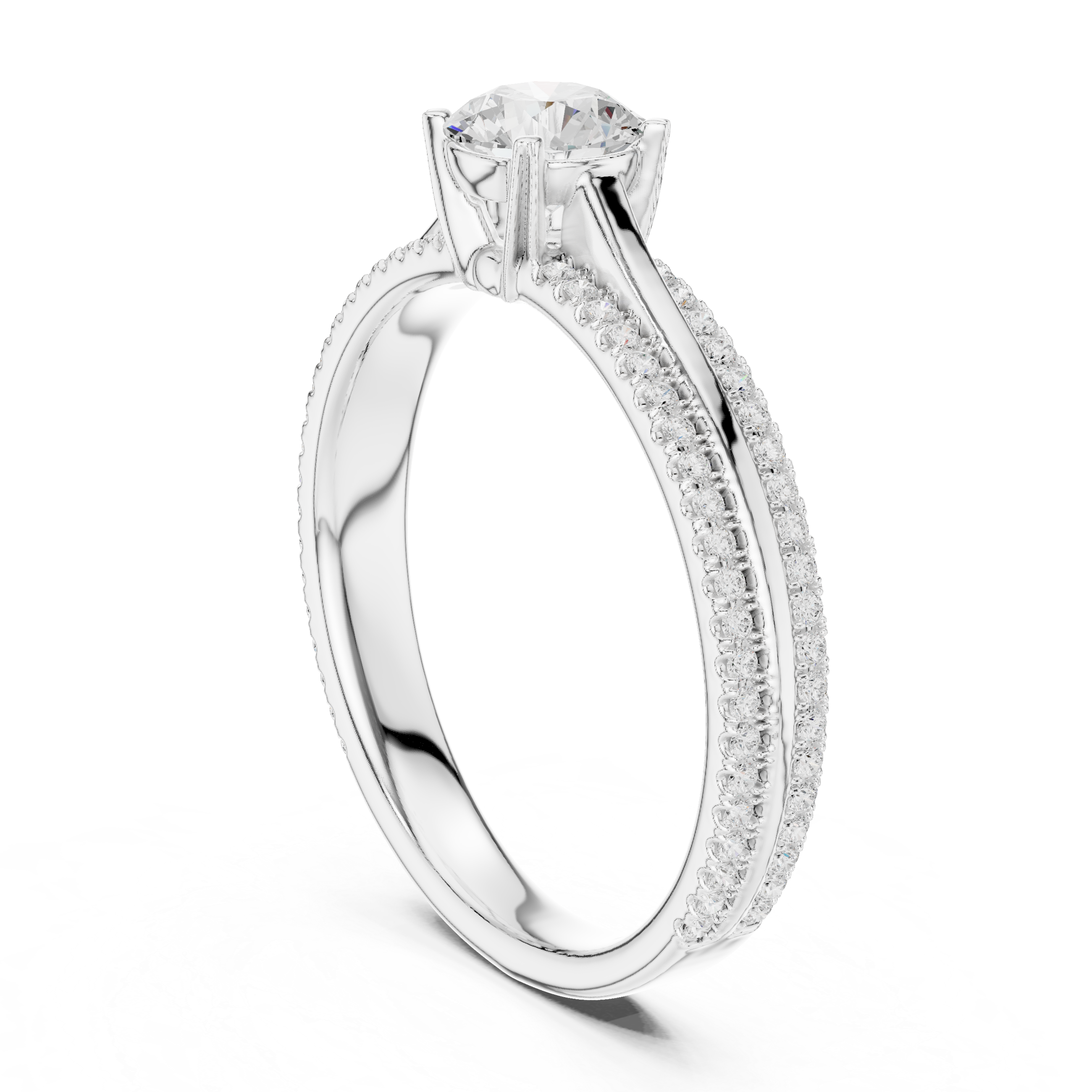 Double Row Pavé Diamond Engagement Ring – Round Solitaire Cathedral Ring