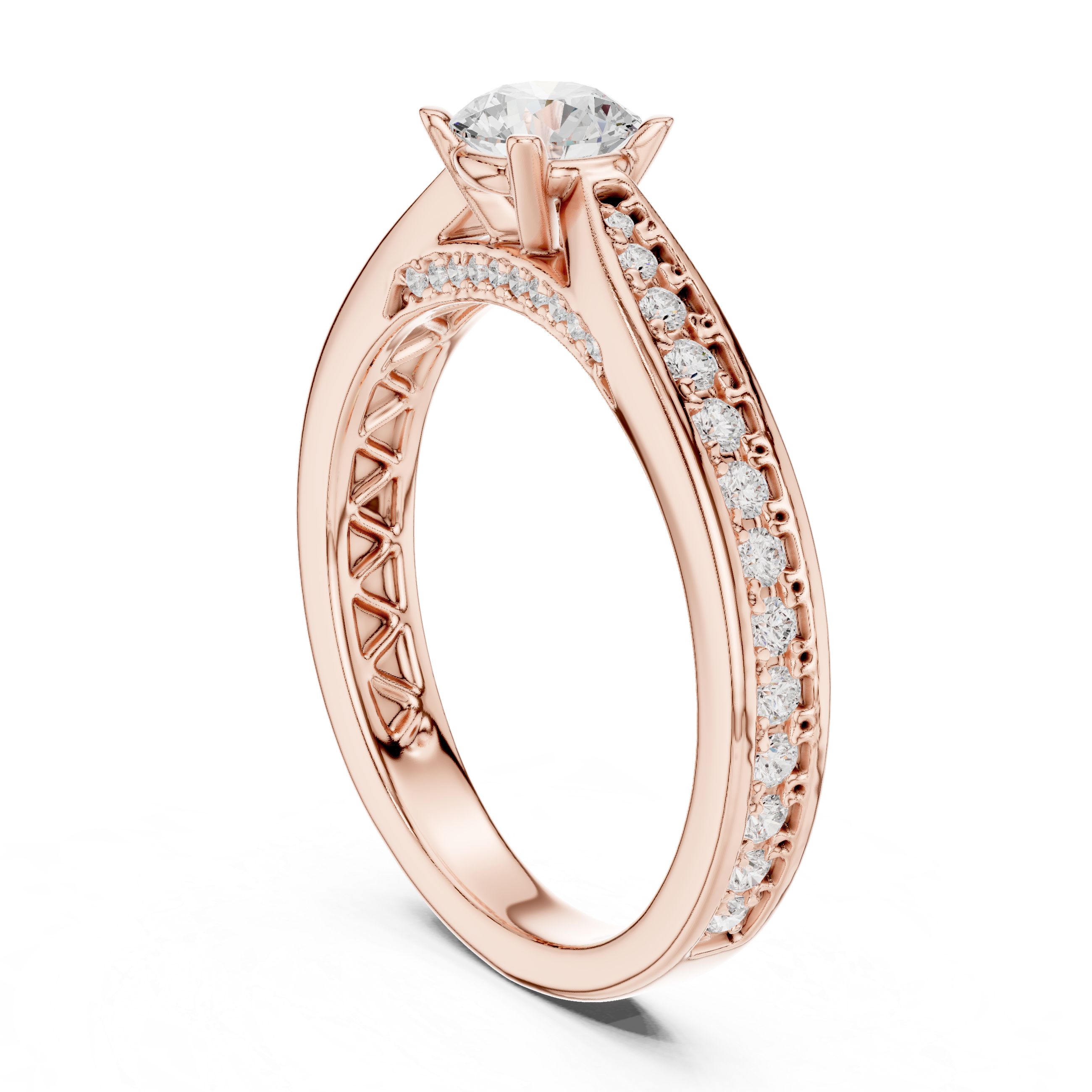 Classic Pavé Diamond Engagement Ring – Round Solitaire Cathedral Band Ring