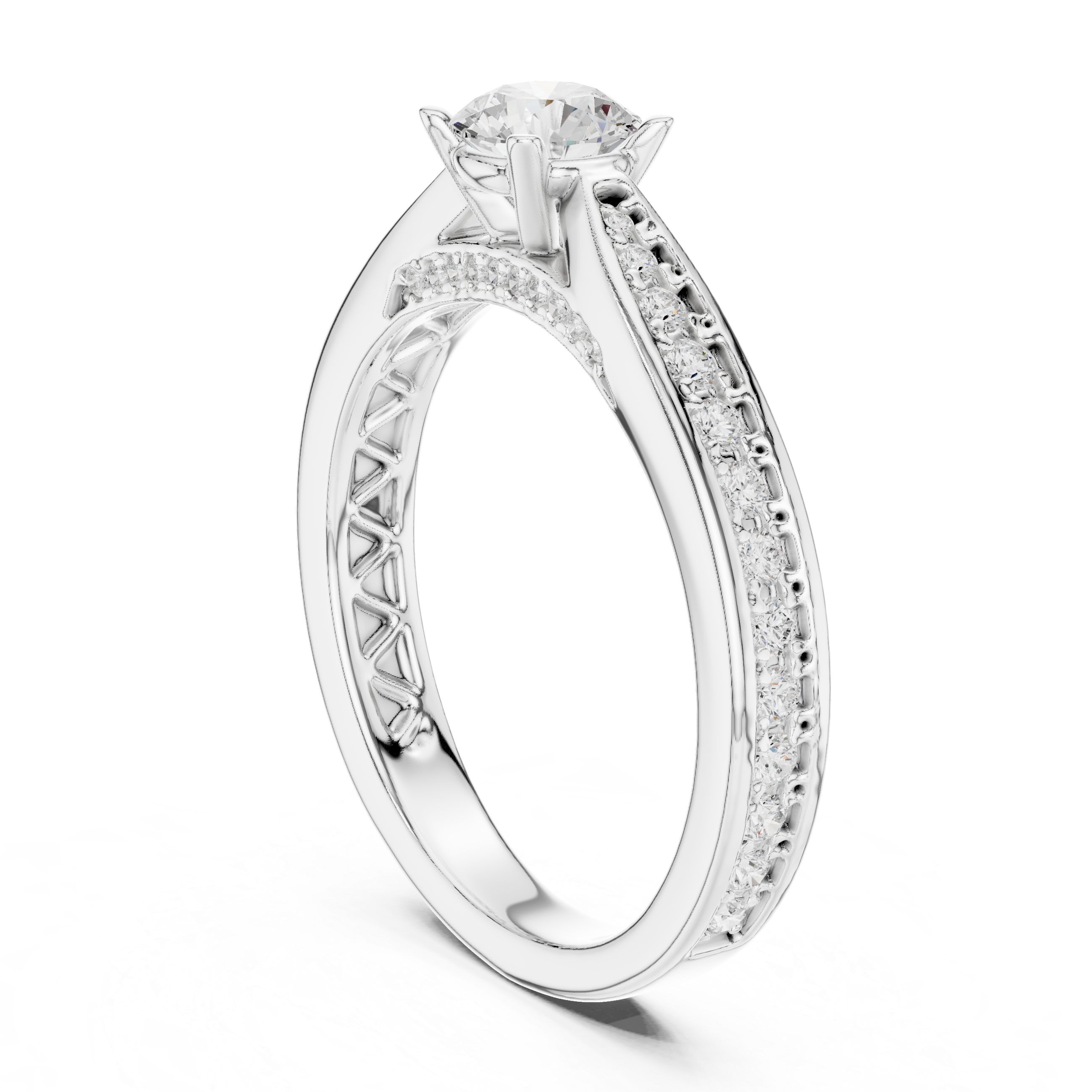 Classic Pavé Diamond Engagement Ring – Round Solitaire Cathedral Band Ring