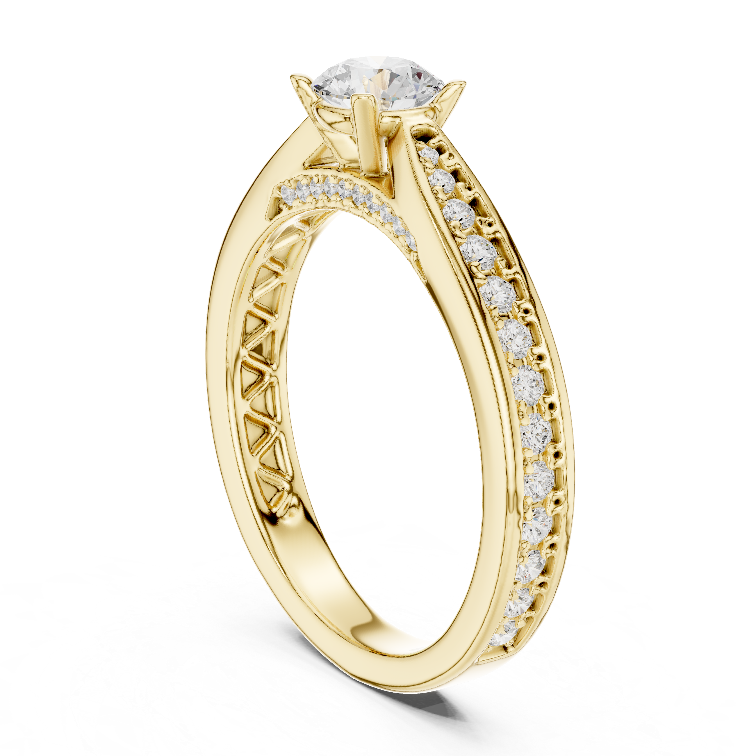 Classic Pavé Diamond Engagement Ring – Round Solitaire Cathedral Band Ring