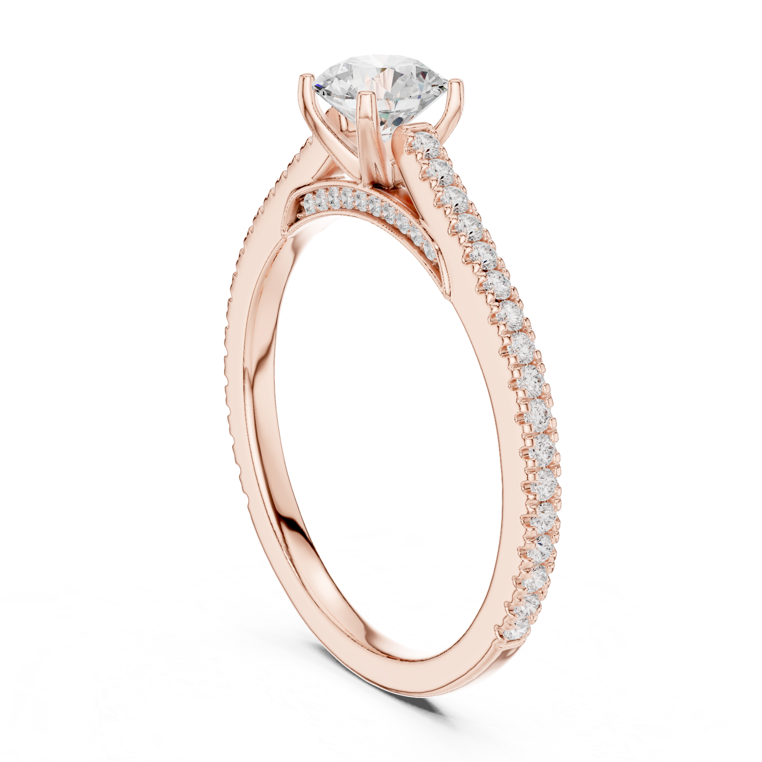 Minimalist Pavé Diamond Engagement Ring – Round Solitaire Cathedral Ring