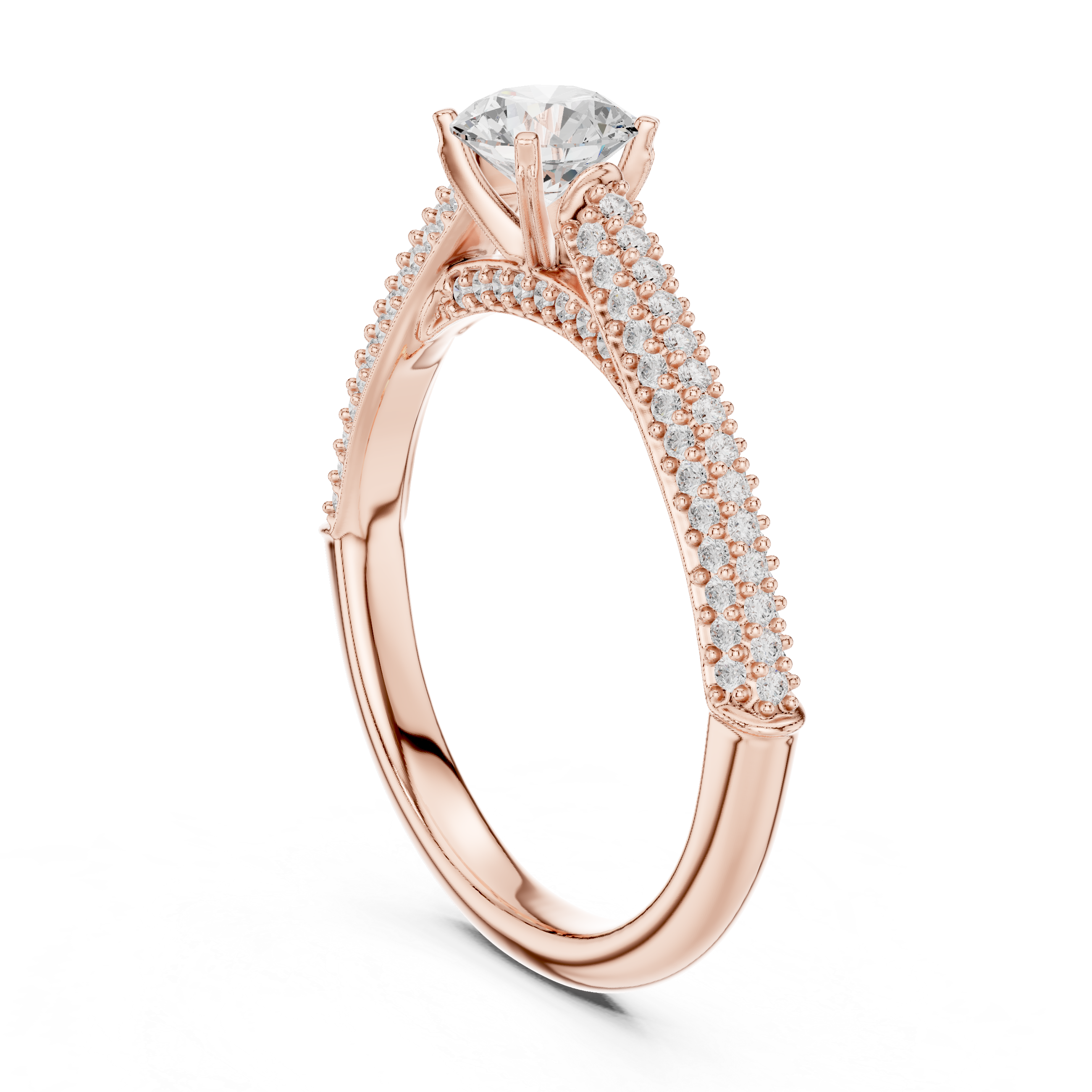 Double Row Pavé Diamond Engagement Ring – Round Solitaire Cathedral Bridal Ring
