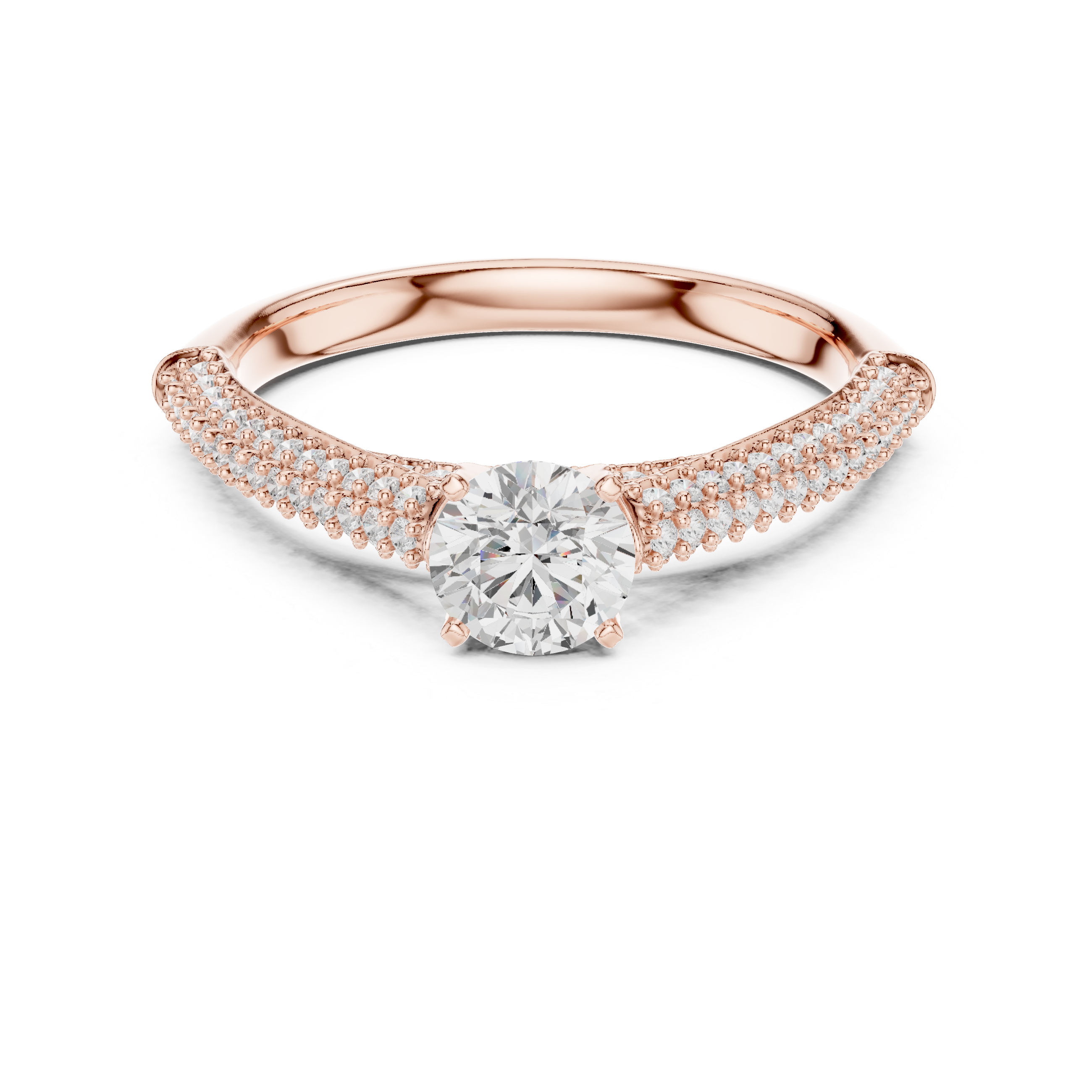 Double Row Pavé Diamond Engagement Ring – Round Solitaire Cathedral Bridal Ring