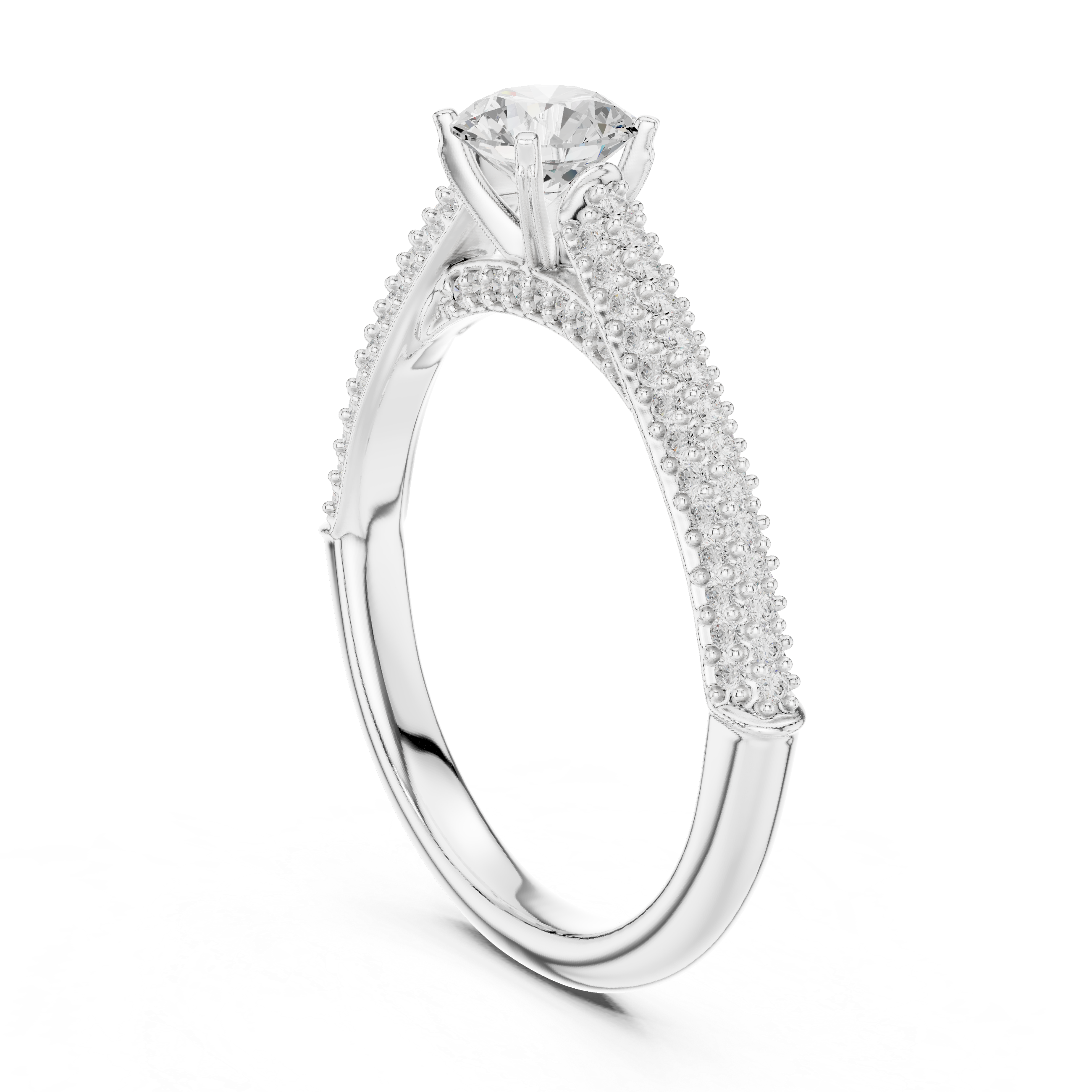 Double Row Pavé Diamond Engagement Ring – Round Solitaire Cathedral Bridal Ring