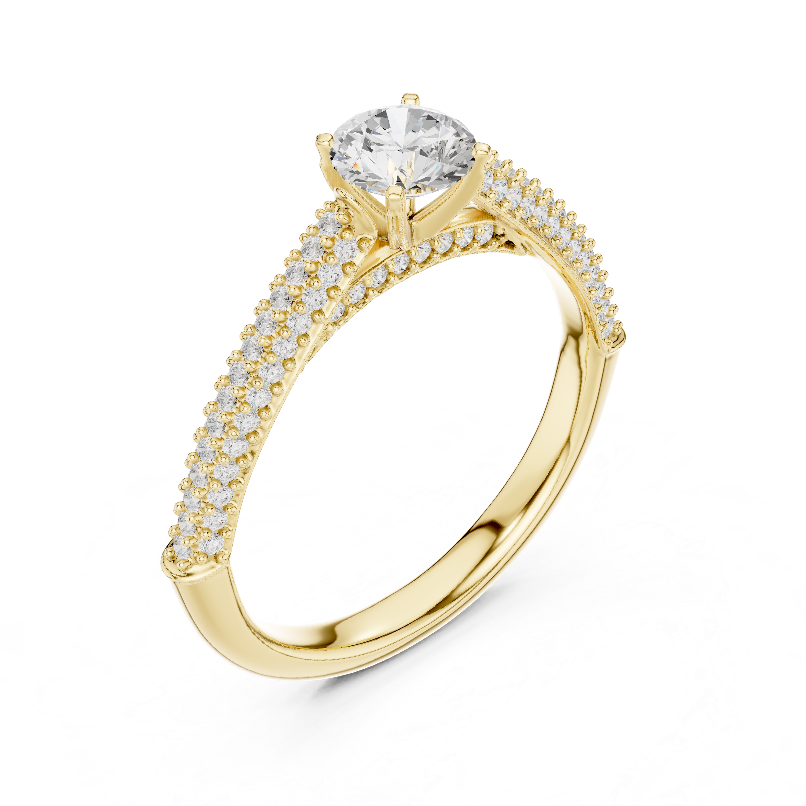 Double Row Pavé Diamond Engagement Ring – Round Solitaire Cathedral Bridal Ring