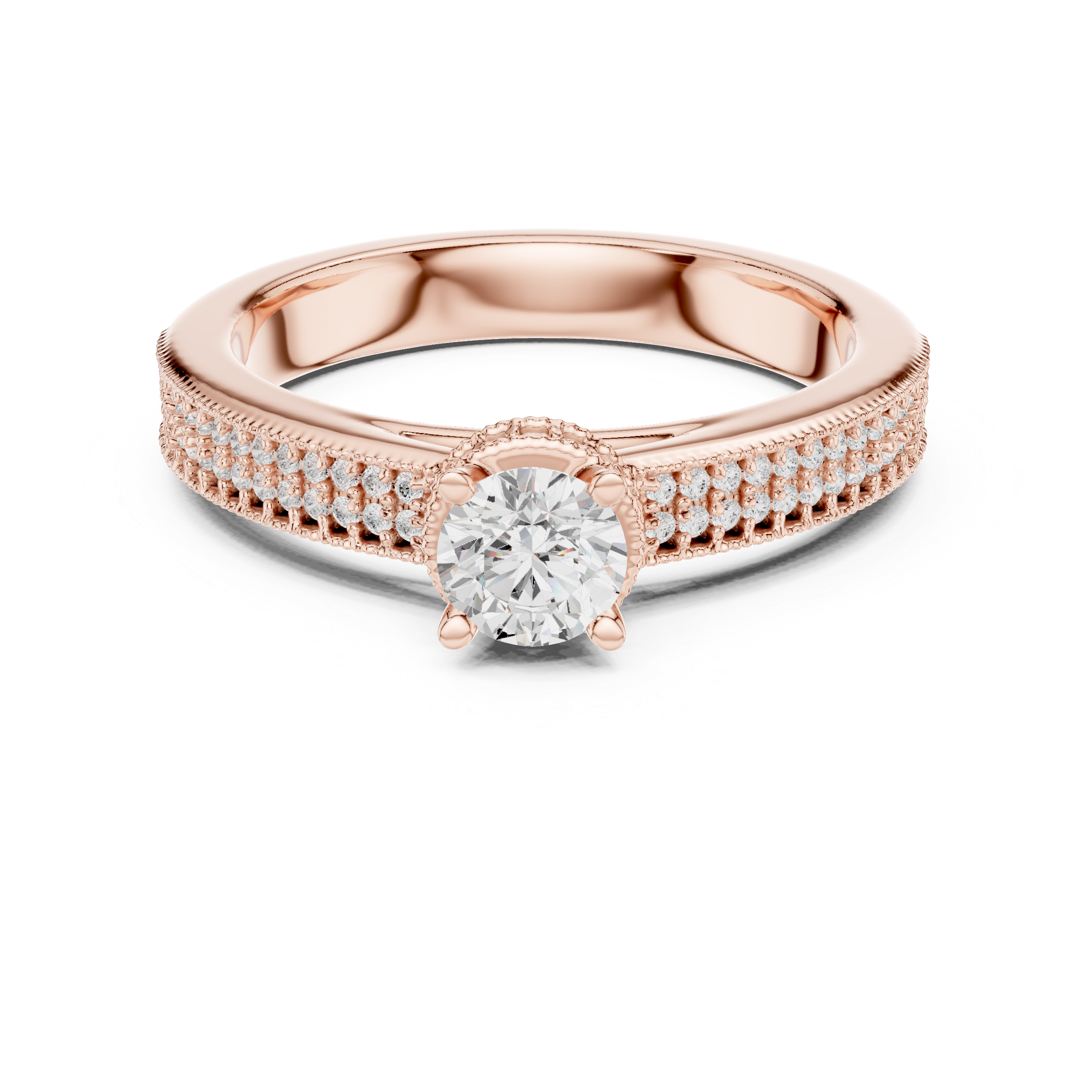 Classic Triple Row Pavé Diamond Engagement Ring – Round Solitaire Bridal Ring