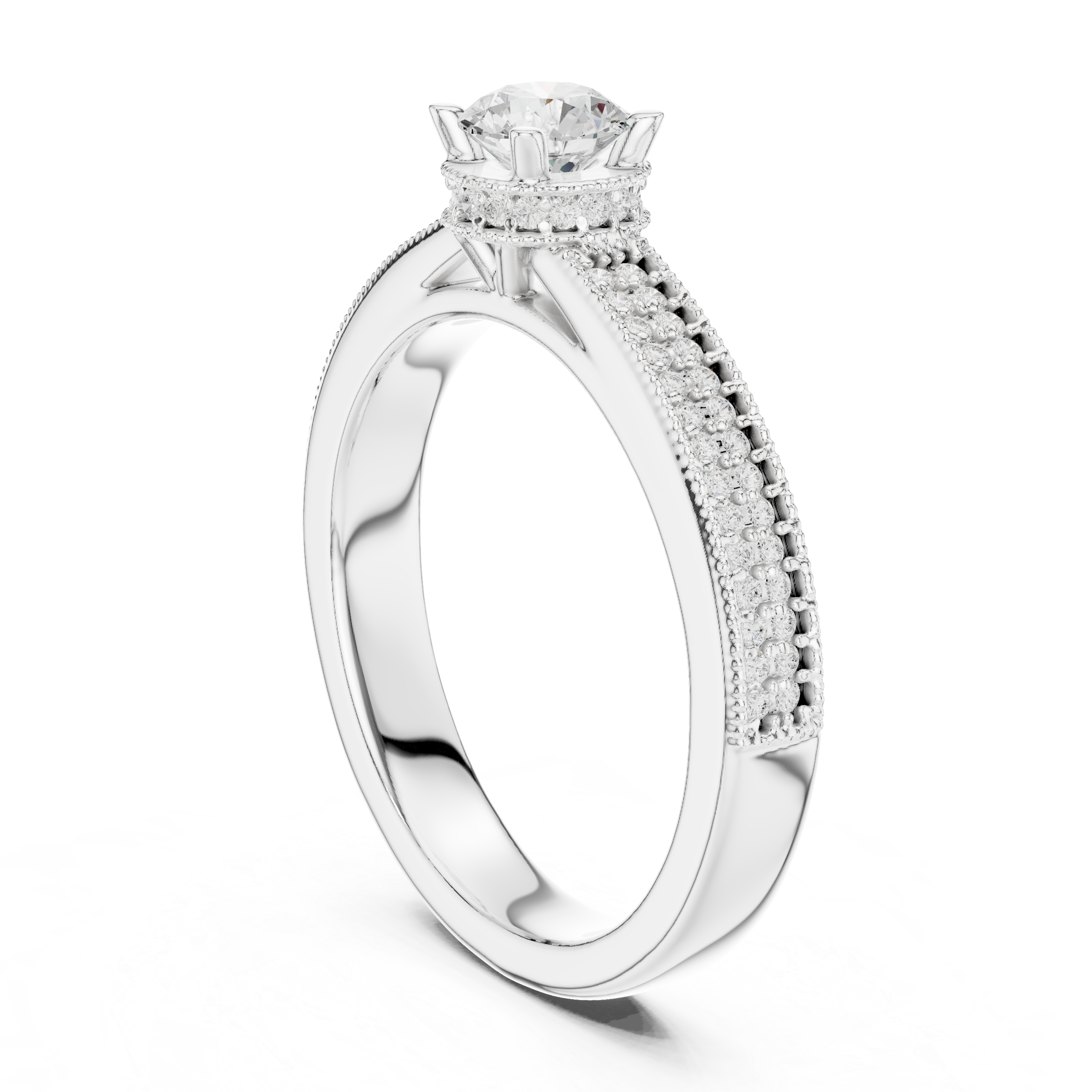Classic Triple Row Pavé Diamond Engagement Ring – Round Solitaire Bridal Ring