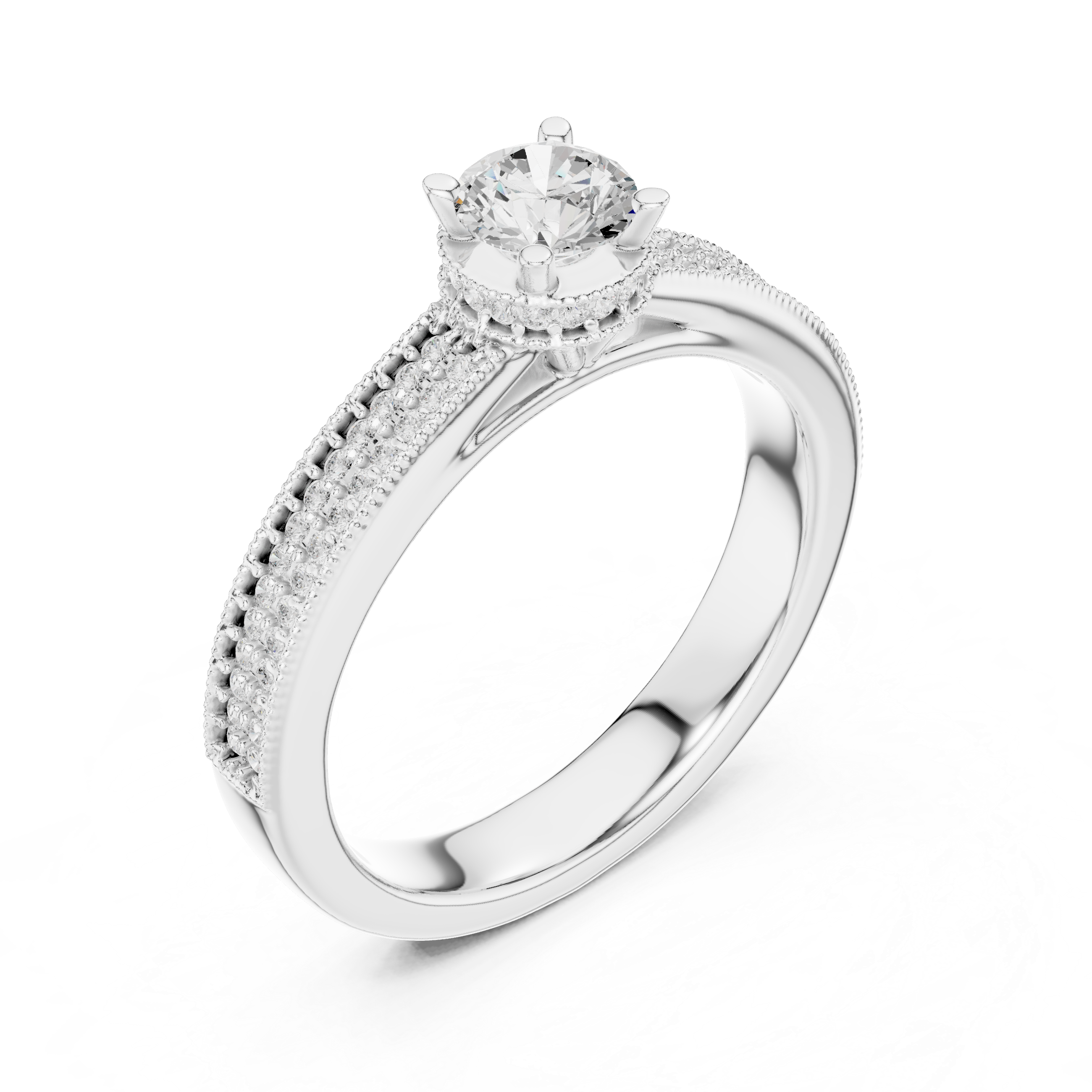 Classic Triple Row Pavé Diamond Engagement Ring – Round Solitaire Bridal Ring
