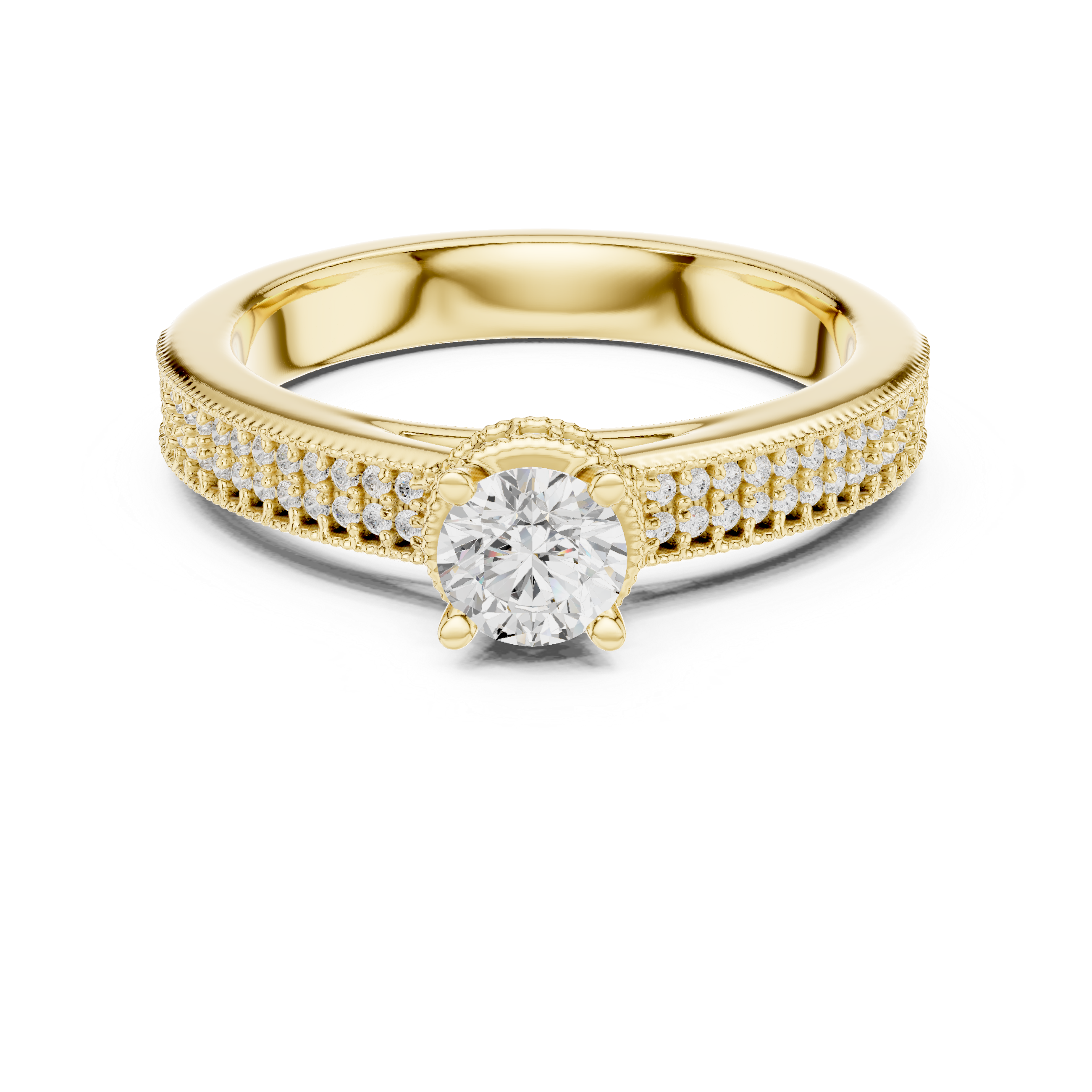 Classic Triple Row Pavé Diamond Engagement Ring – Round Solitaire Bridal Ring
