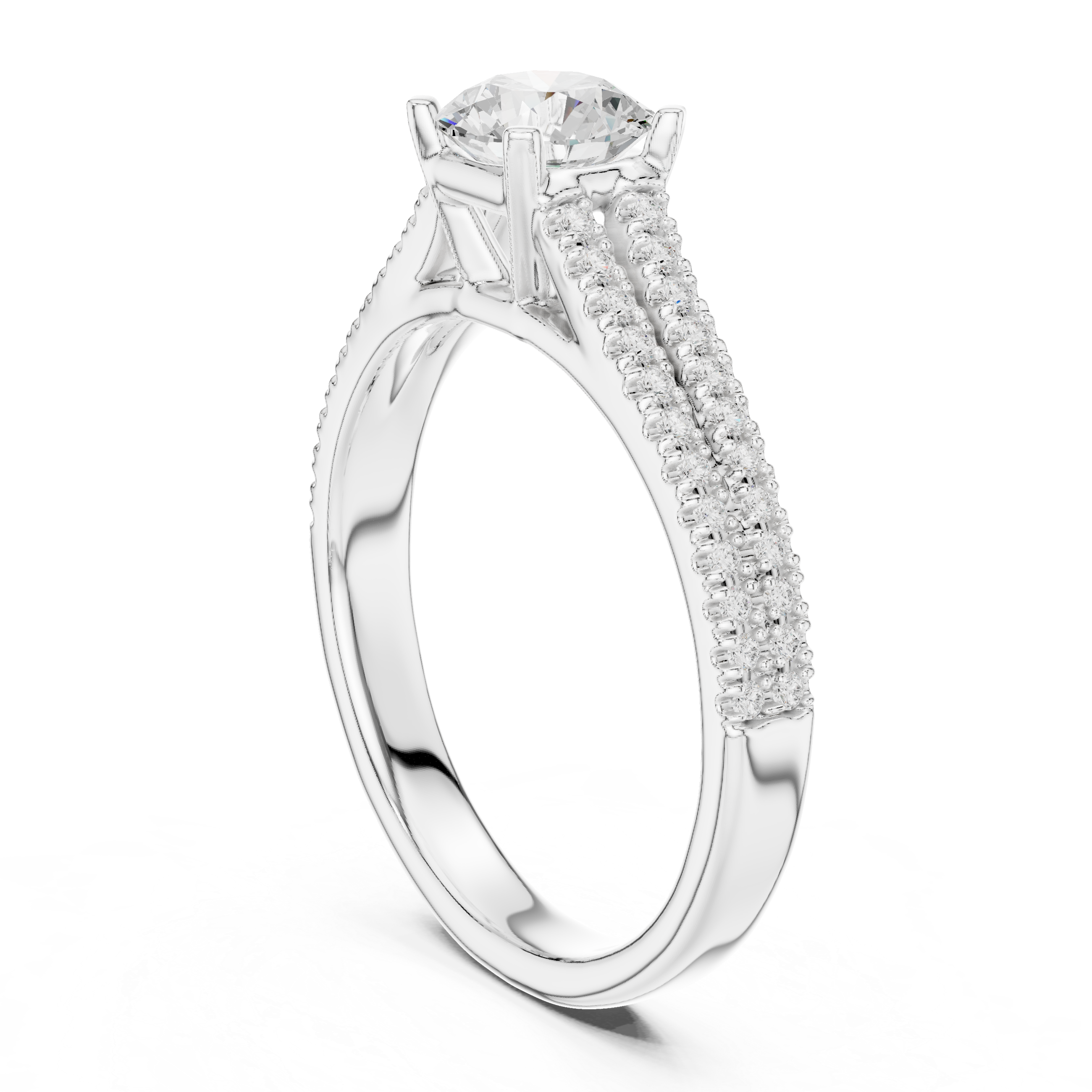 Triple Row Pavé Diamond Engagement Ring – Round Cut Cathedral Solitaire Bridal Ring