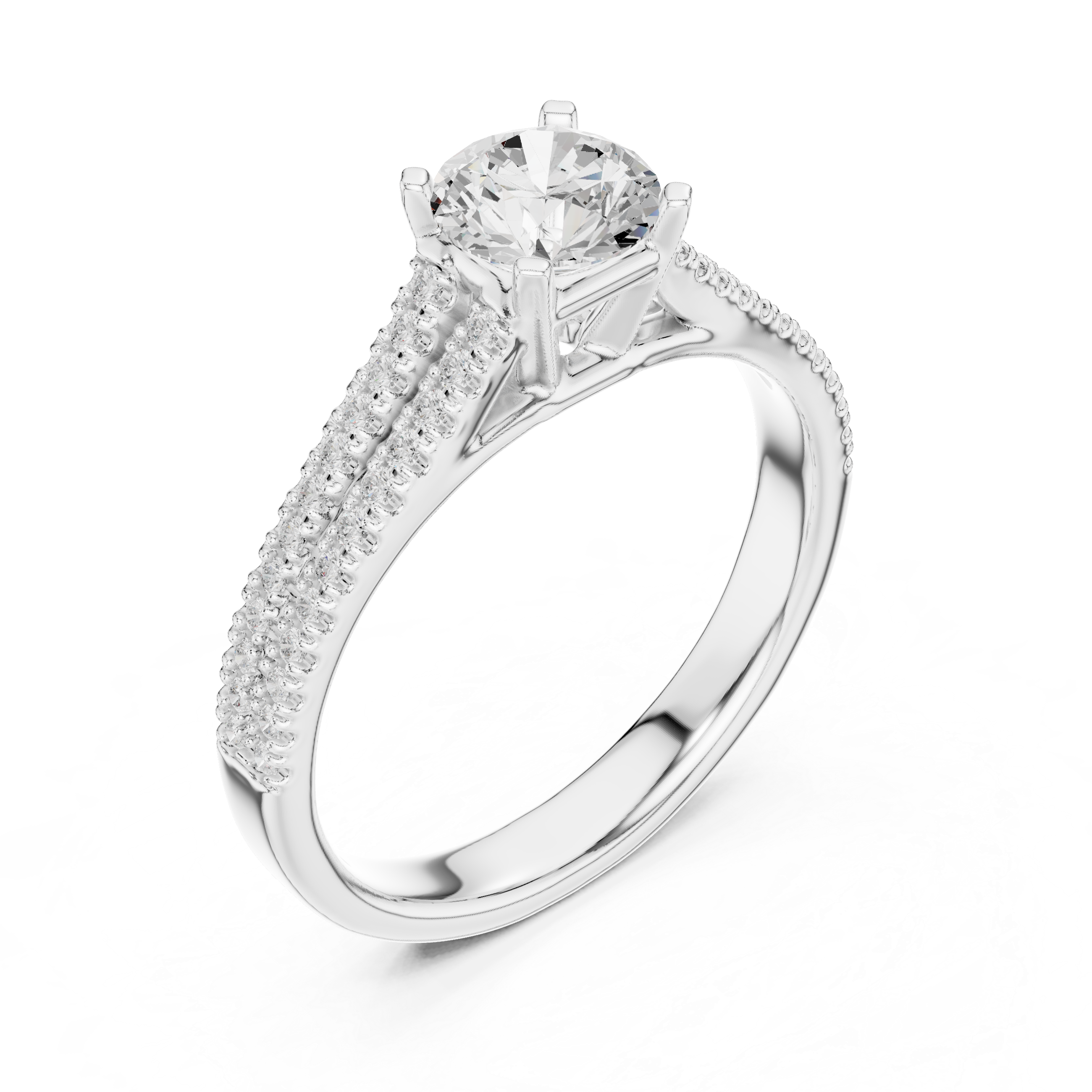 Triple Row Pavé Diamond Engagement Ring – Round Cut Cathedral Solitaire Bridal Ring