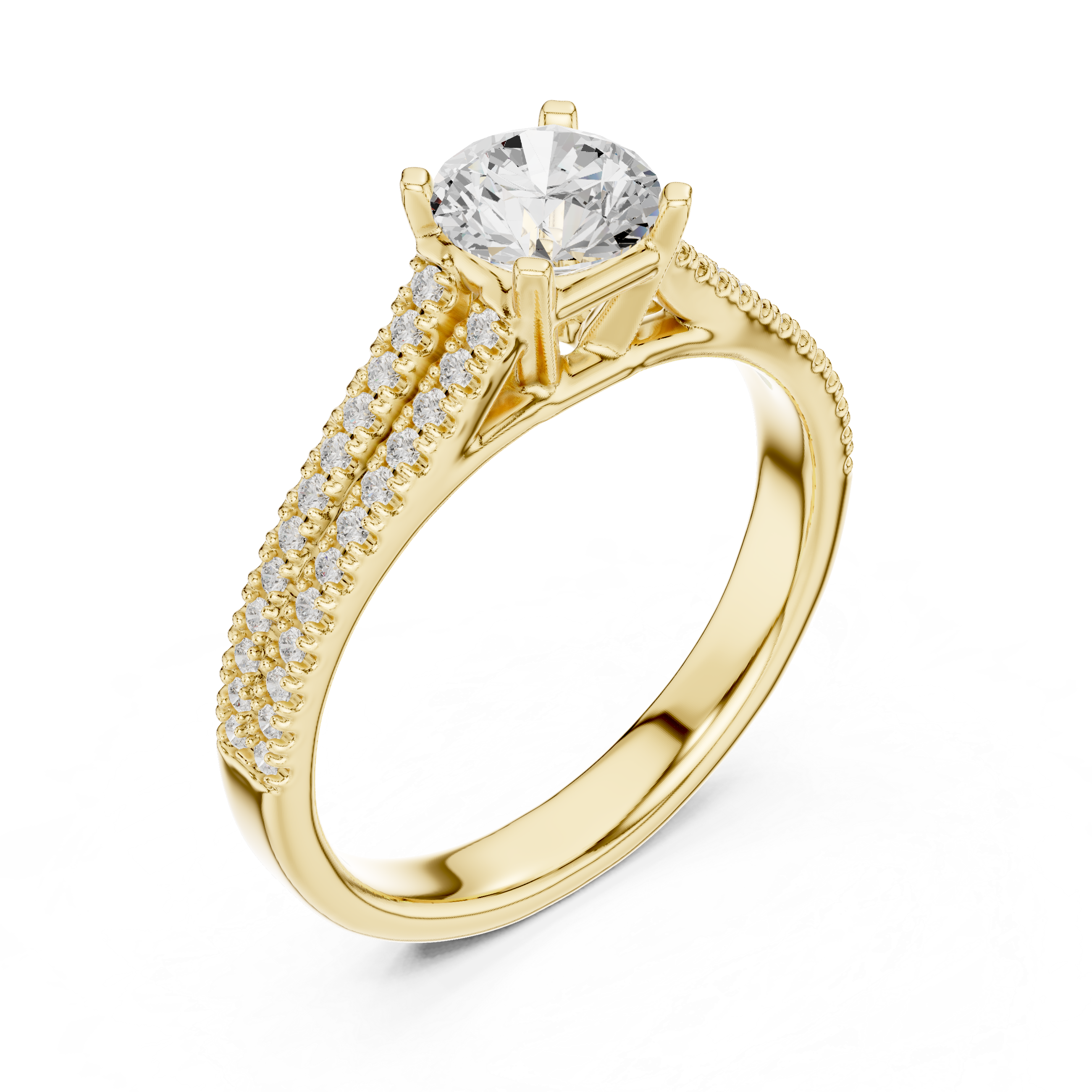 Triple Row Pavé Diamond Engagement Ring – Round Cut Cathedral Solitaire Bridal Ring