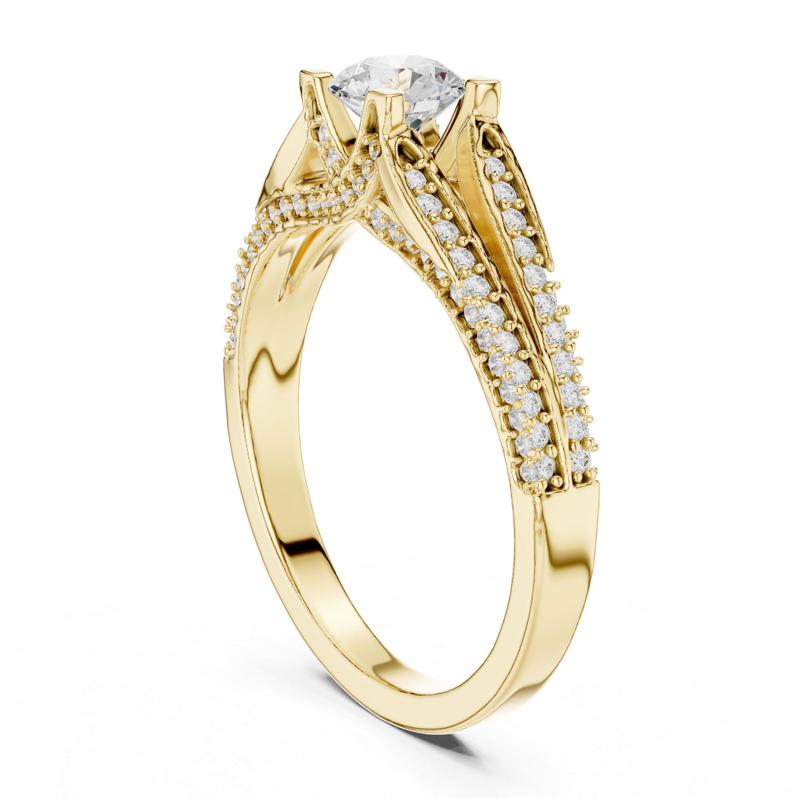 Split Shank Diamond Engagement Ring – Round Cut Pavé Bridal Ring with Cathedral Setting