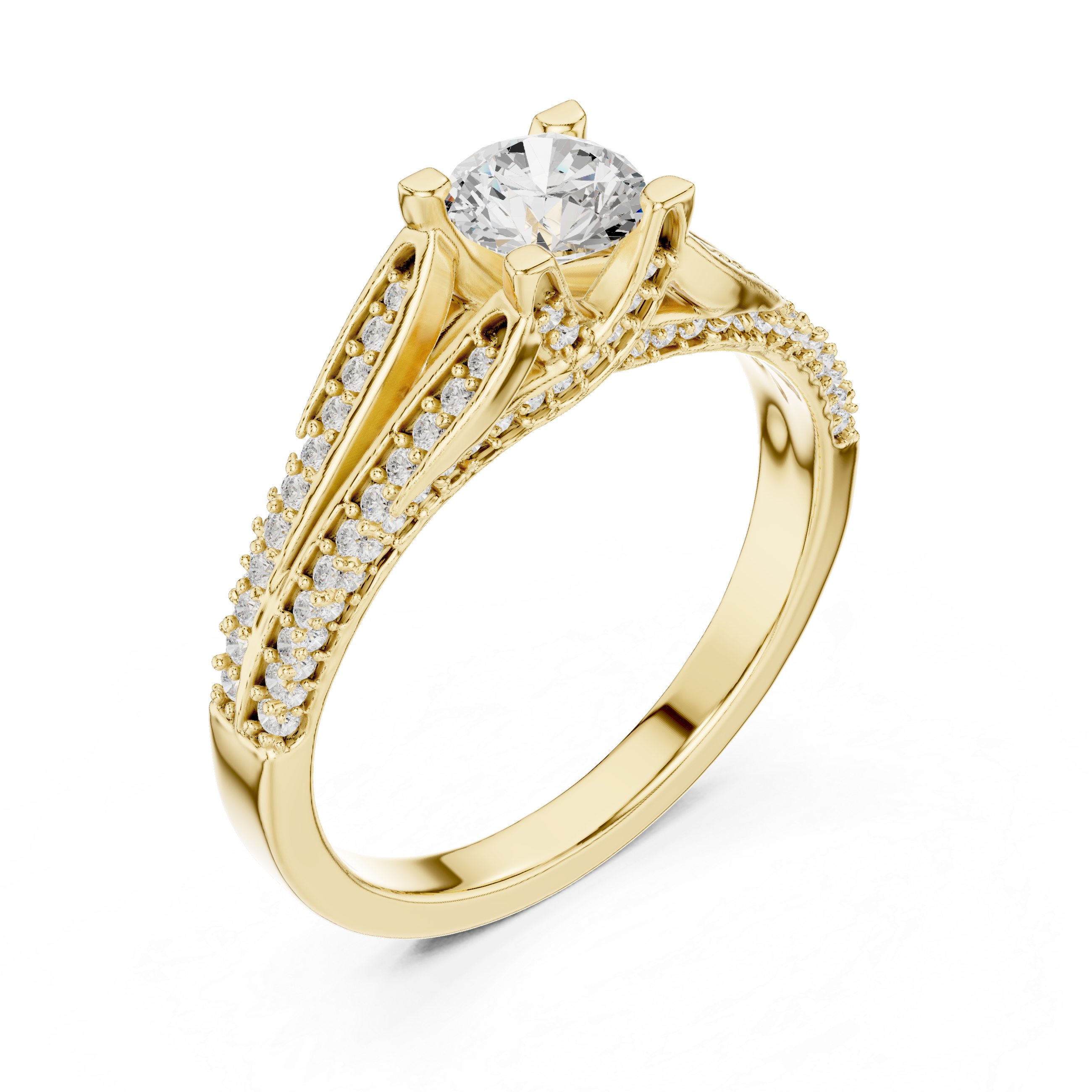 Split Shank Diamond Engagement Ring – Round Cut Pavé Bridal Ring with Cathedral Setting