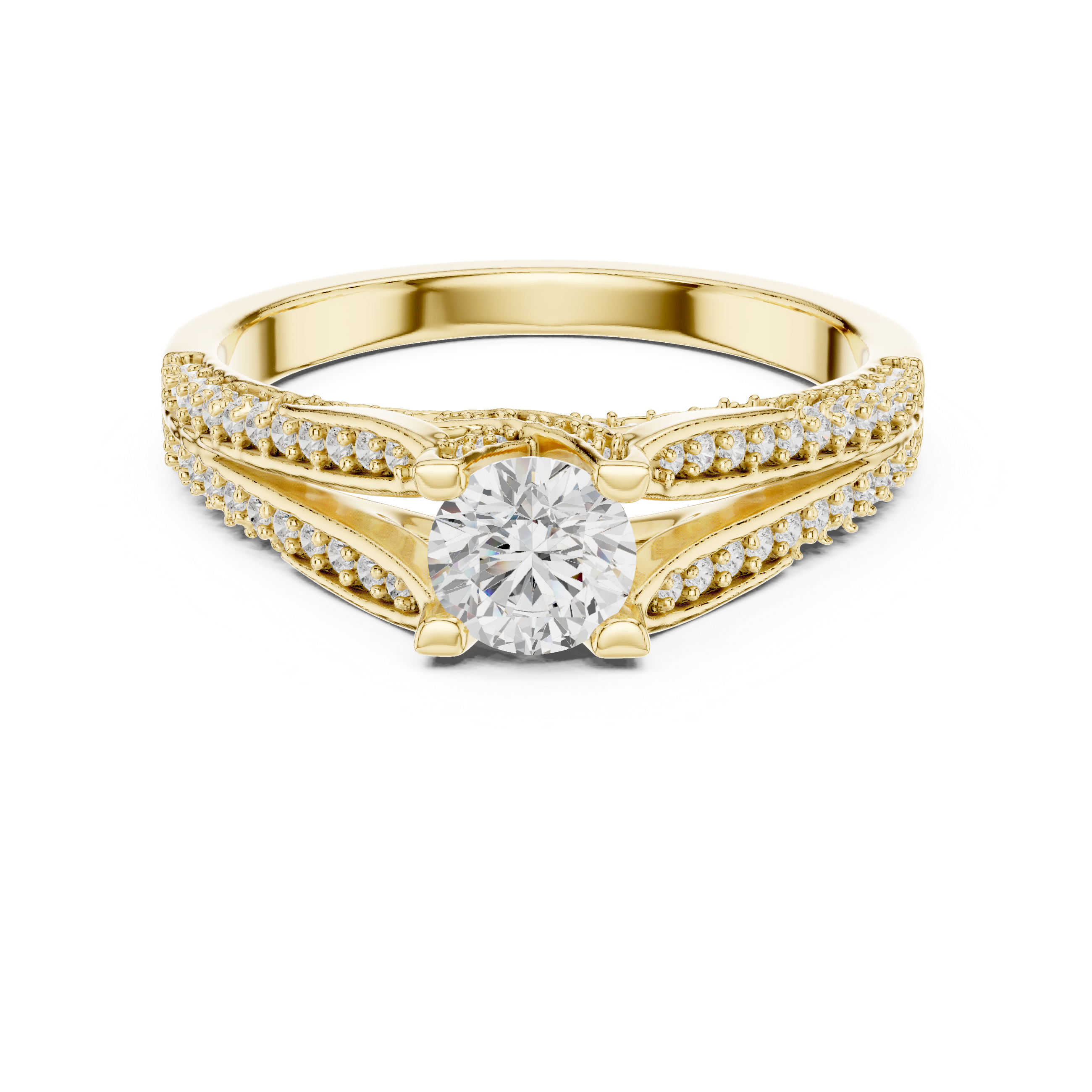 Split Shank Diamond Engagement Ring – Round Cut Pavé Bridal Ring with Cathedral Setting