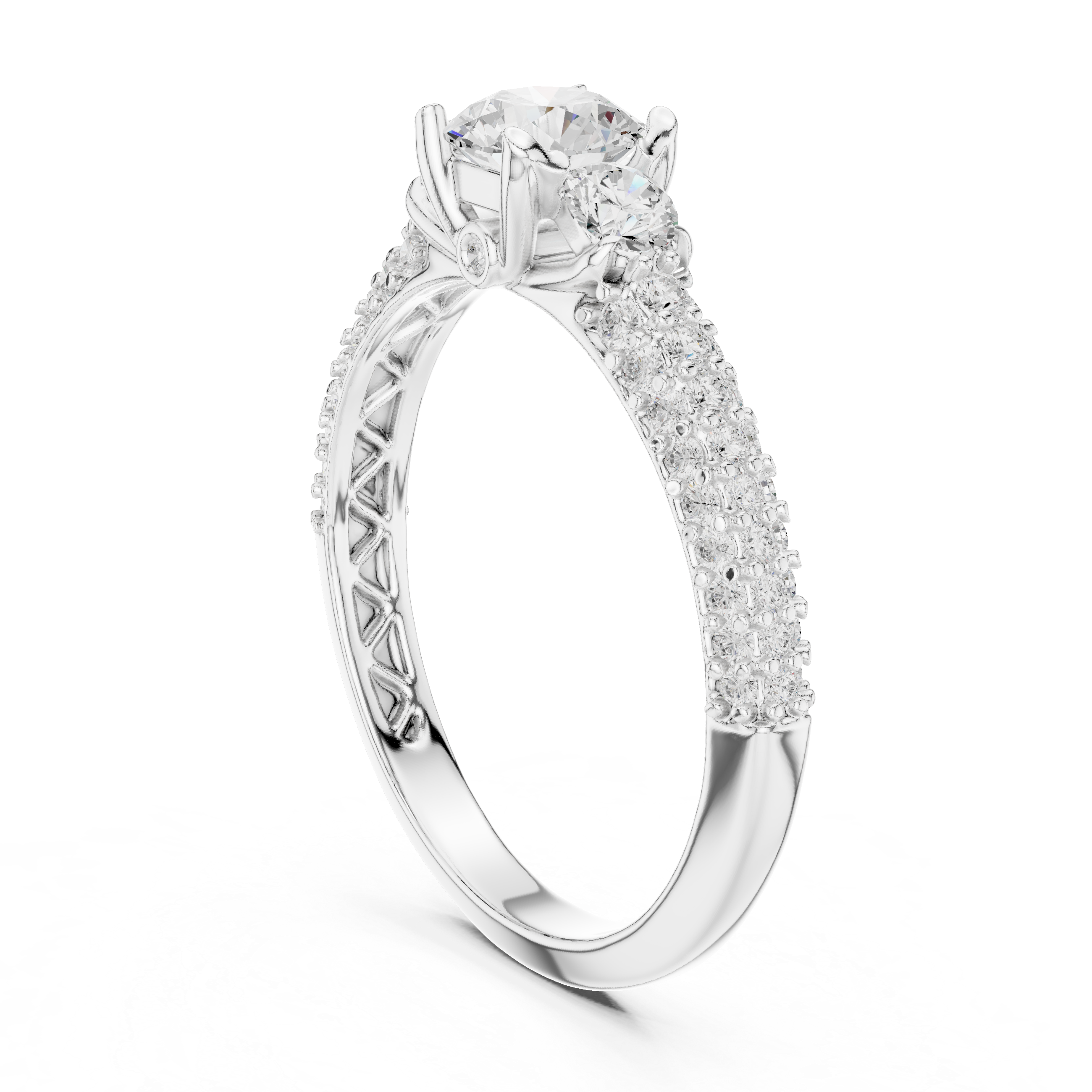 Three Stone Diamond Engagement Ring – Round Cut Center with Pavé Split Shank Bridal Ring