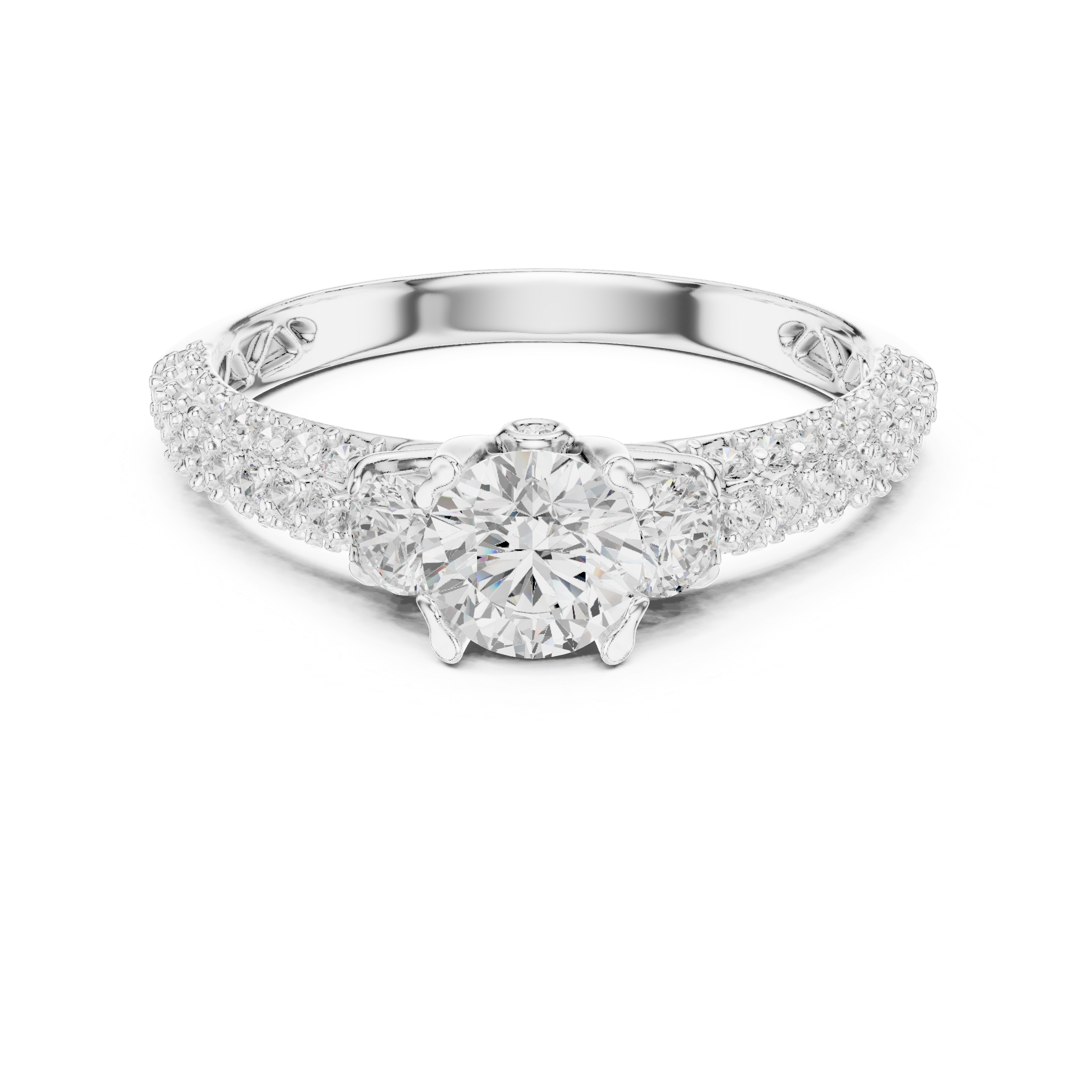 Three Stone Diamond Engagement Ring – Round Cut Center with Pavé Split Shank Bridal Ring