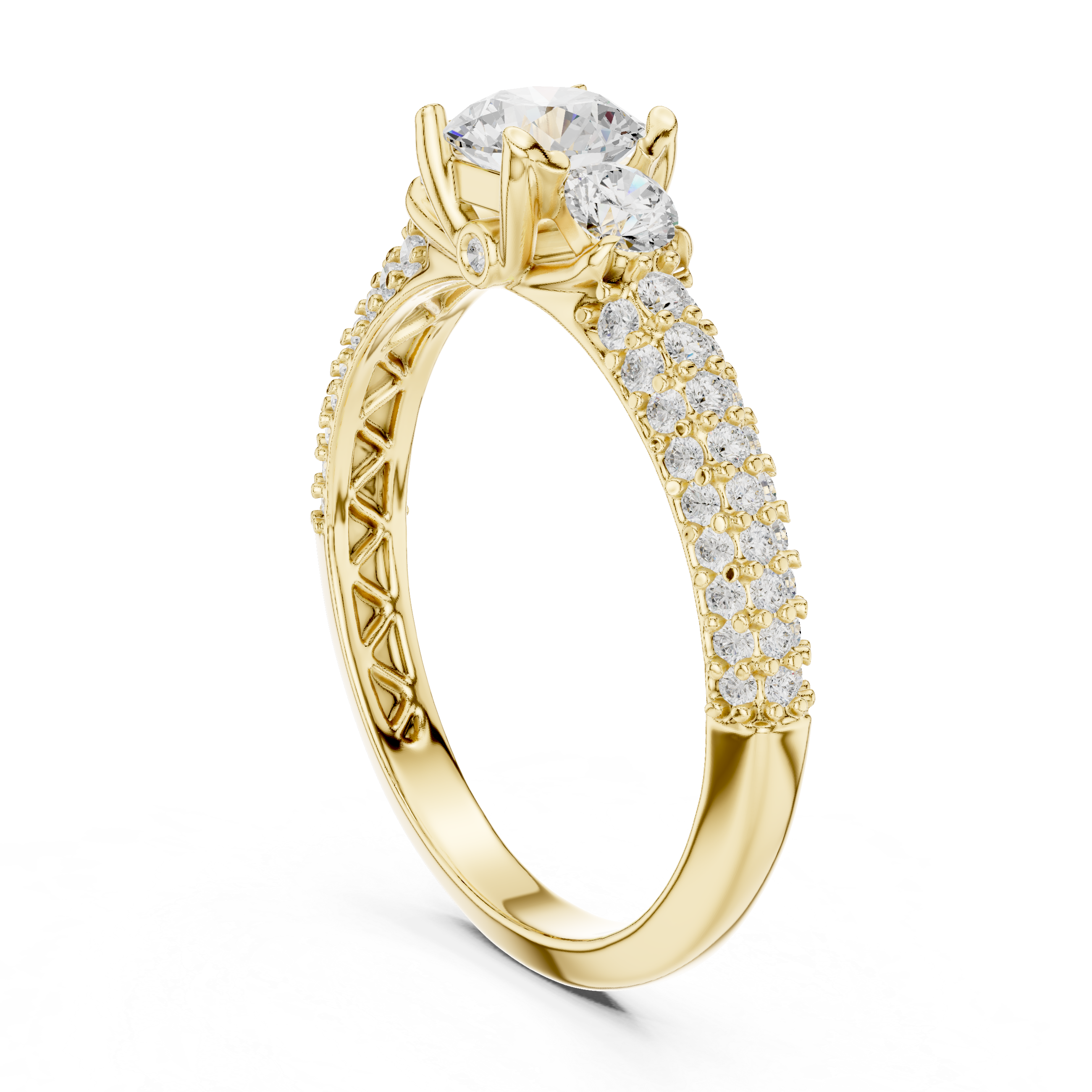 Three Stone Diamond Engagement Ring – Round Cut Center with Pavé Split Shank Bridal Ring