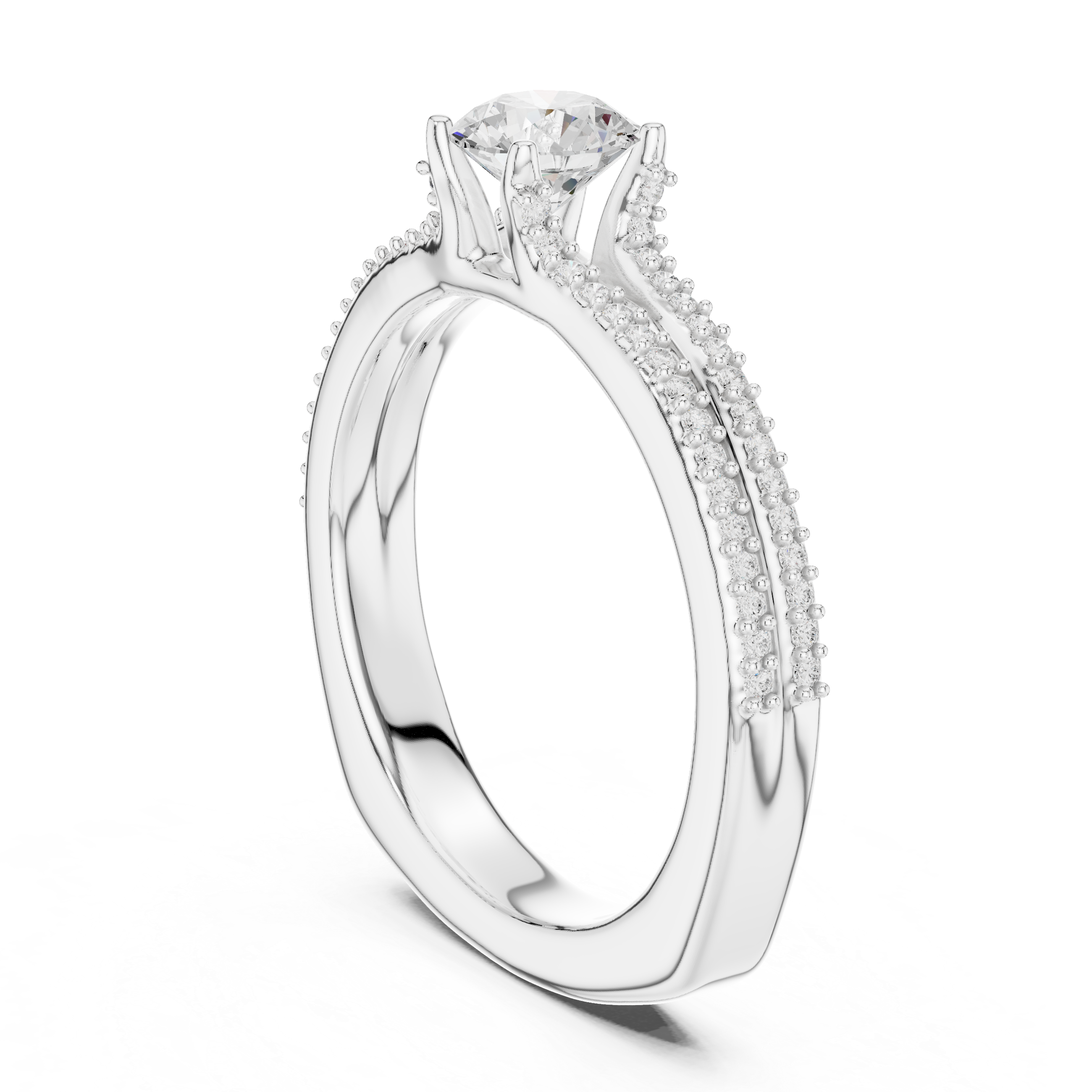 Round Cut Diamond Engagement Ring – Double Row Pavé Solitaire Ring with Elegant Cathedral Band