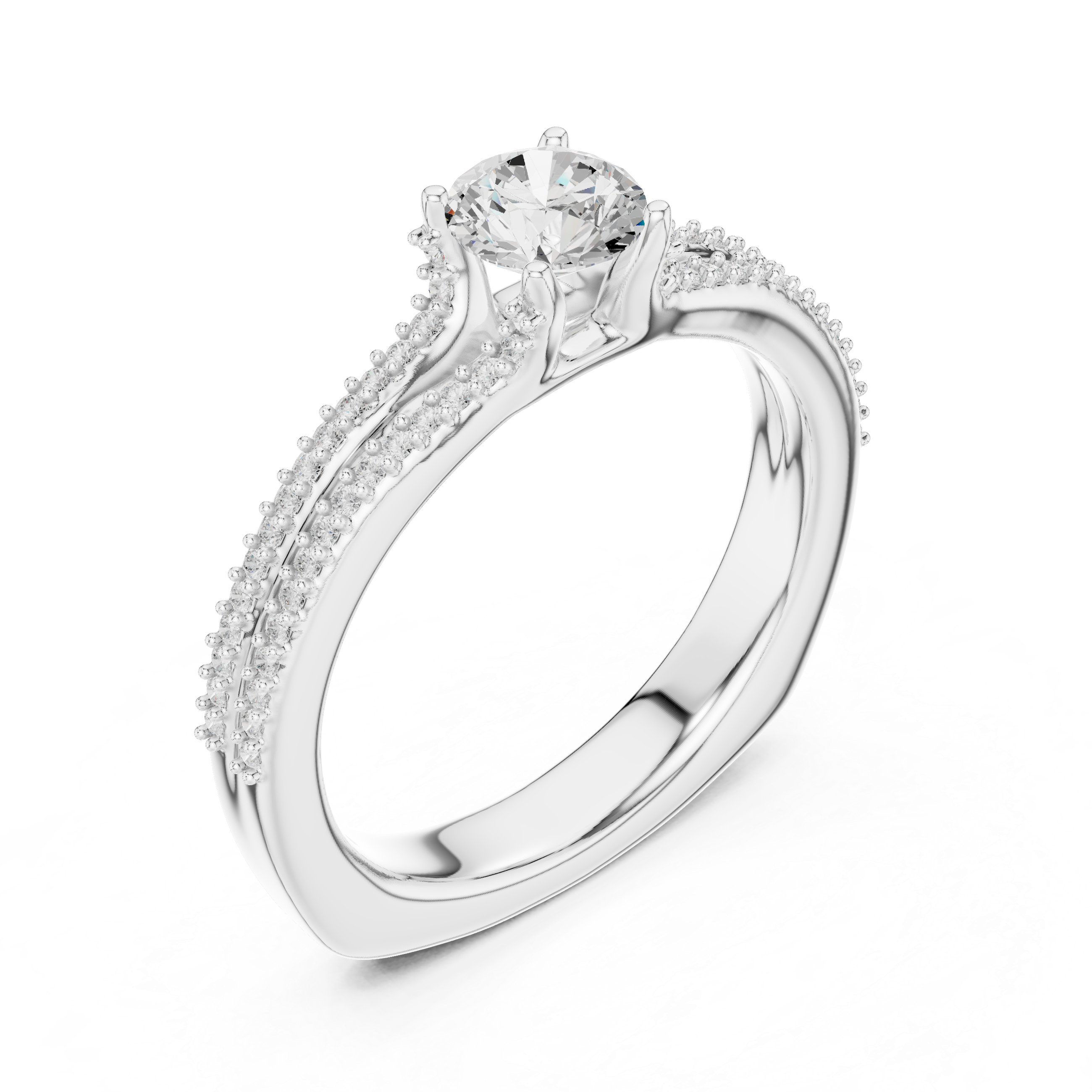 Round Cut Diamond Engagement Ring – Double Row Pavé Solitaire Ring with Elegant Cathedral Band