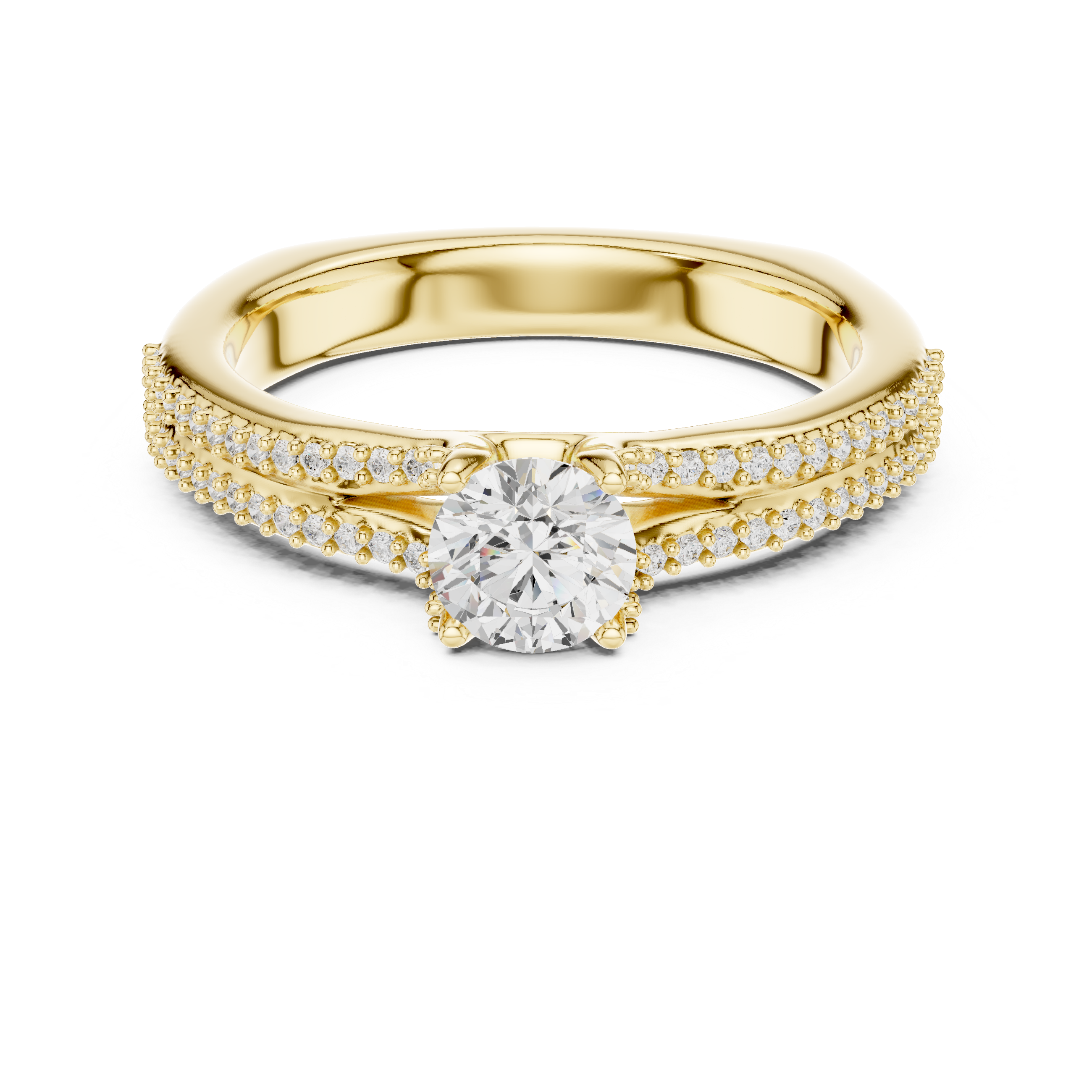 Round Cut Diamond Engagement Ring – Double Row Pavé Solitaire Ring with Elegant Cathedral Band