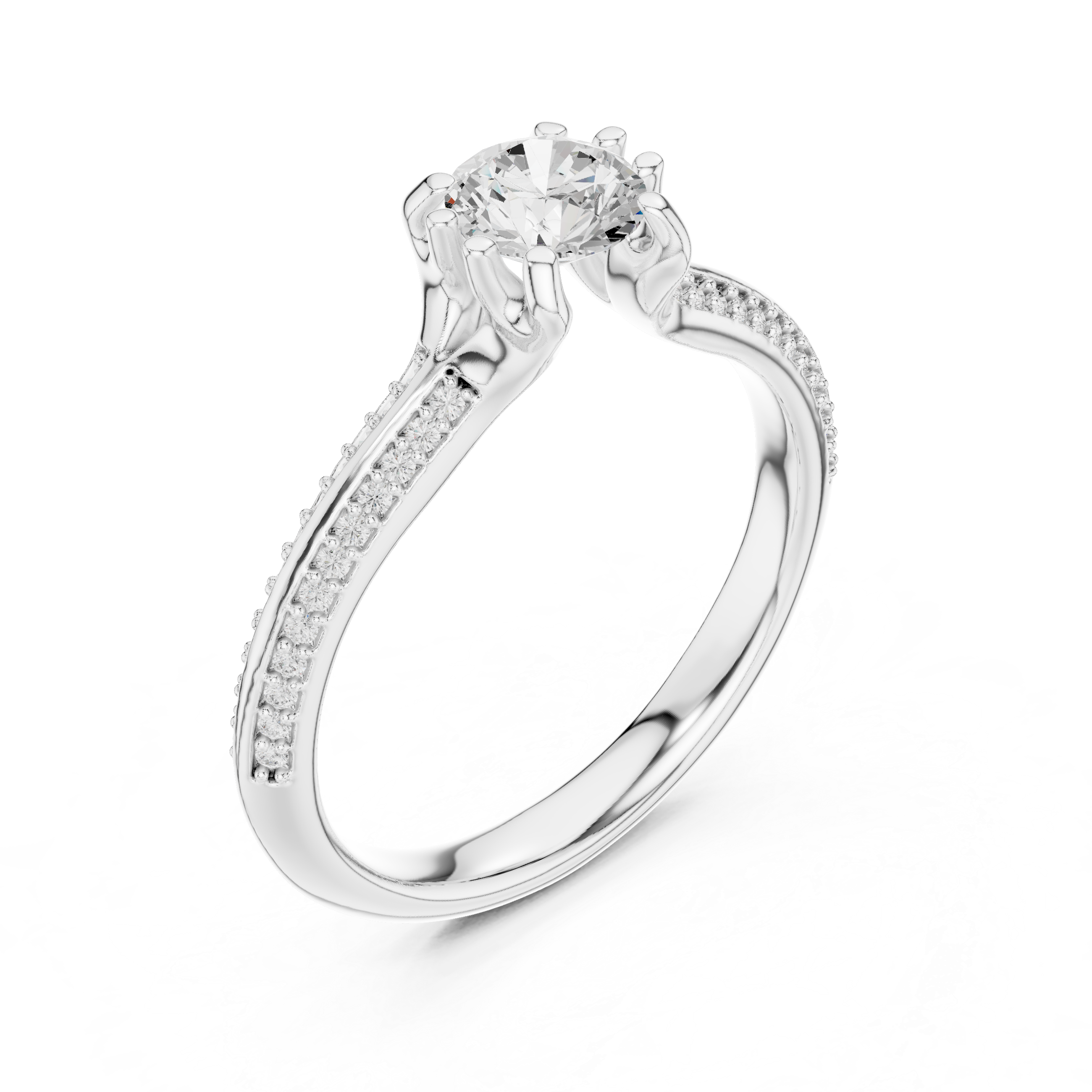 Round Cut Solitaire Diamond Engagement Ring – Split Shank Pavé Bridal Ring with Elegant Cathedral Setting