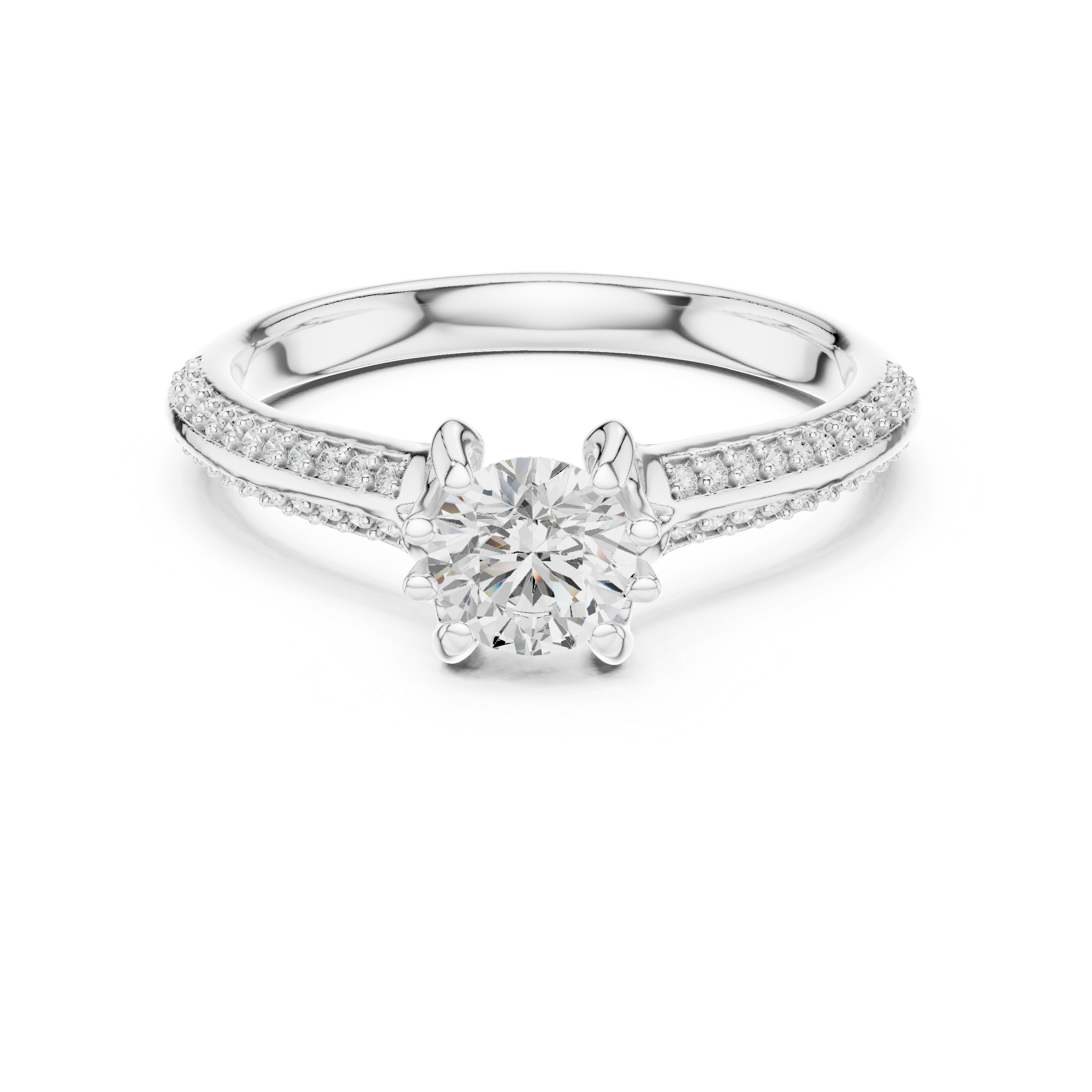 Round Cut Solitaire Diamond Engagement Ring – Split Shank Pavé Bridal Ring with Elegant Cathedral Setting