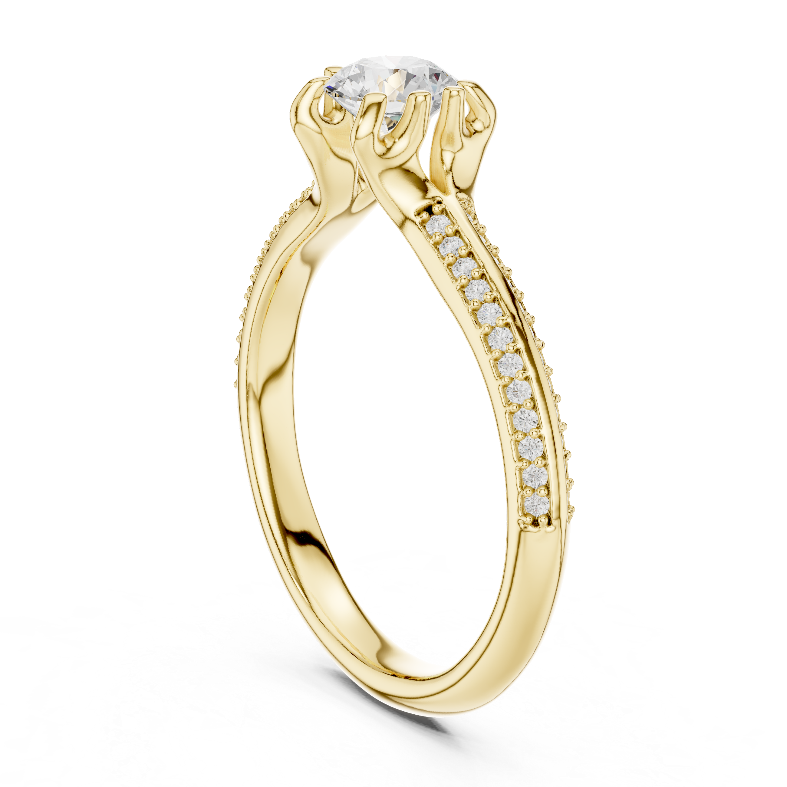 Round Cut Solitaire Diamond Engagement Ring – Split Shank Pavé Bridal Ring with Elegant Cathedral Setting
