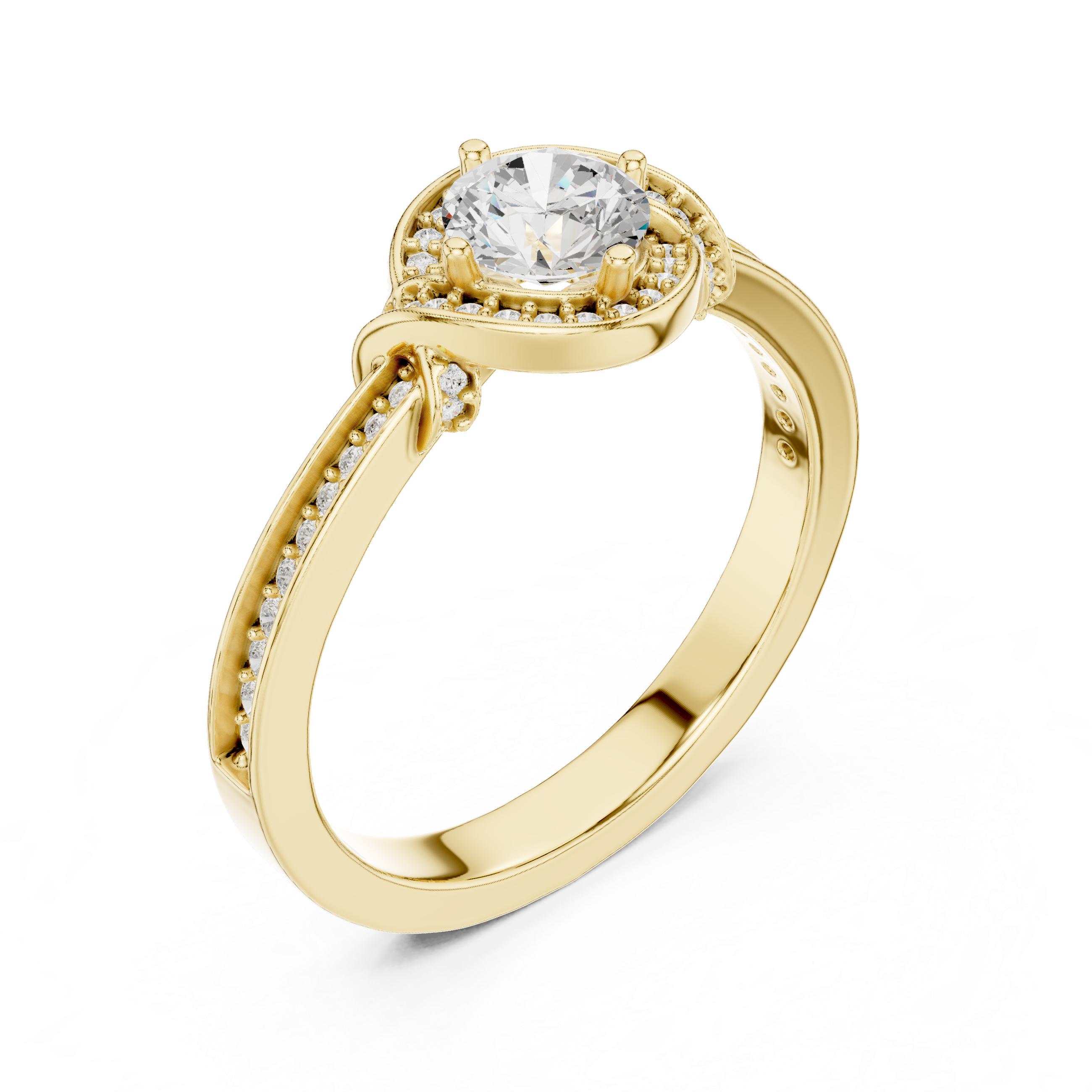 Round Cut Halo Diamond Engagement Ring – Vintage Pavé Bridal Ring with Split Accent Shoulders