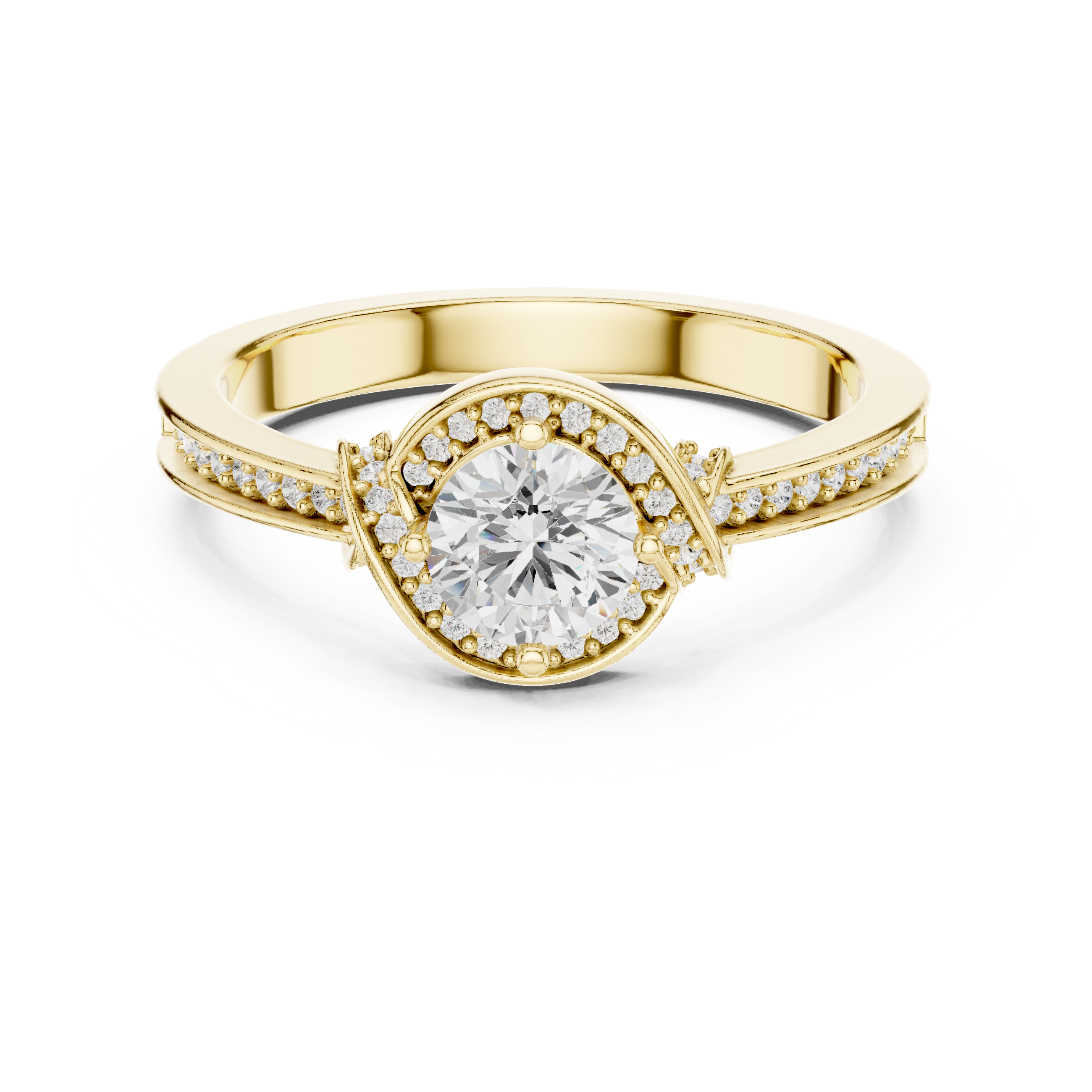 Round Cut Halo Diamond Engagement Ring – Vintage Pavé Bridal Ring with Split Accent Shoulders