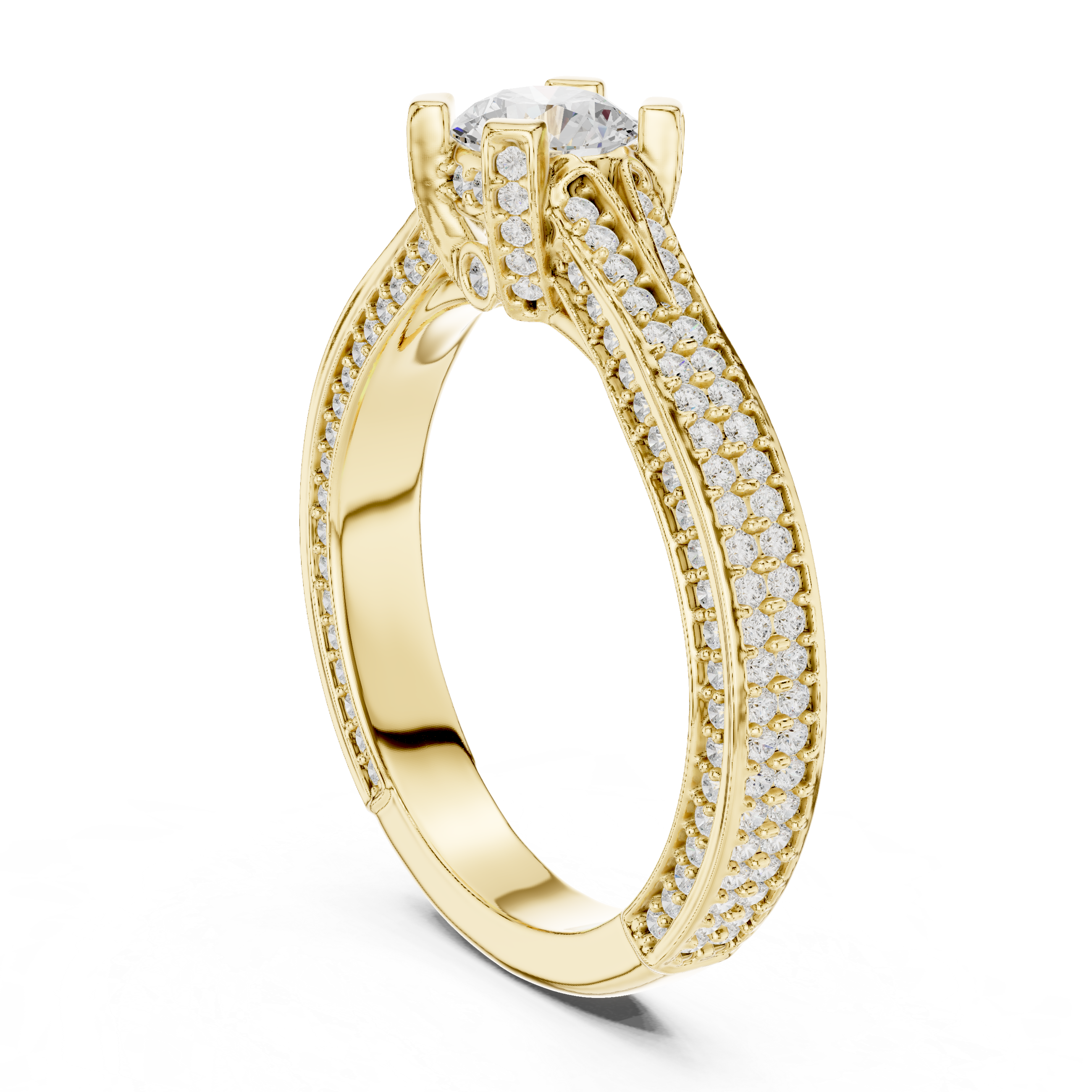 Round Cut Diamond Engagement Ring – Split Shank Pave Bridal Ring with Hidden Halo