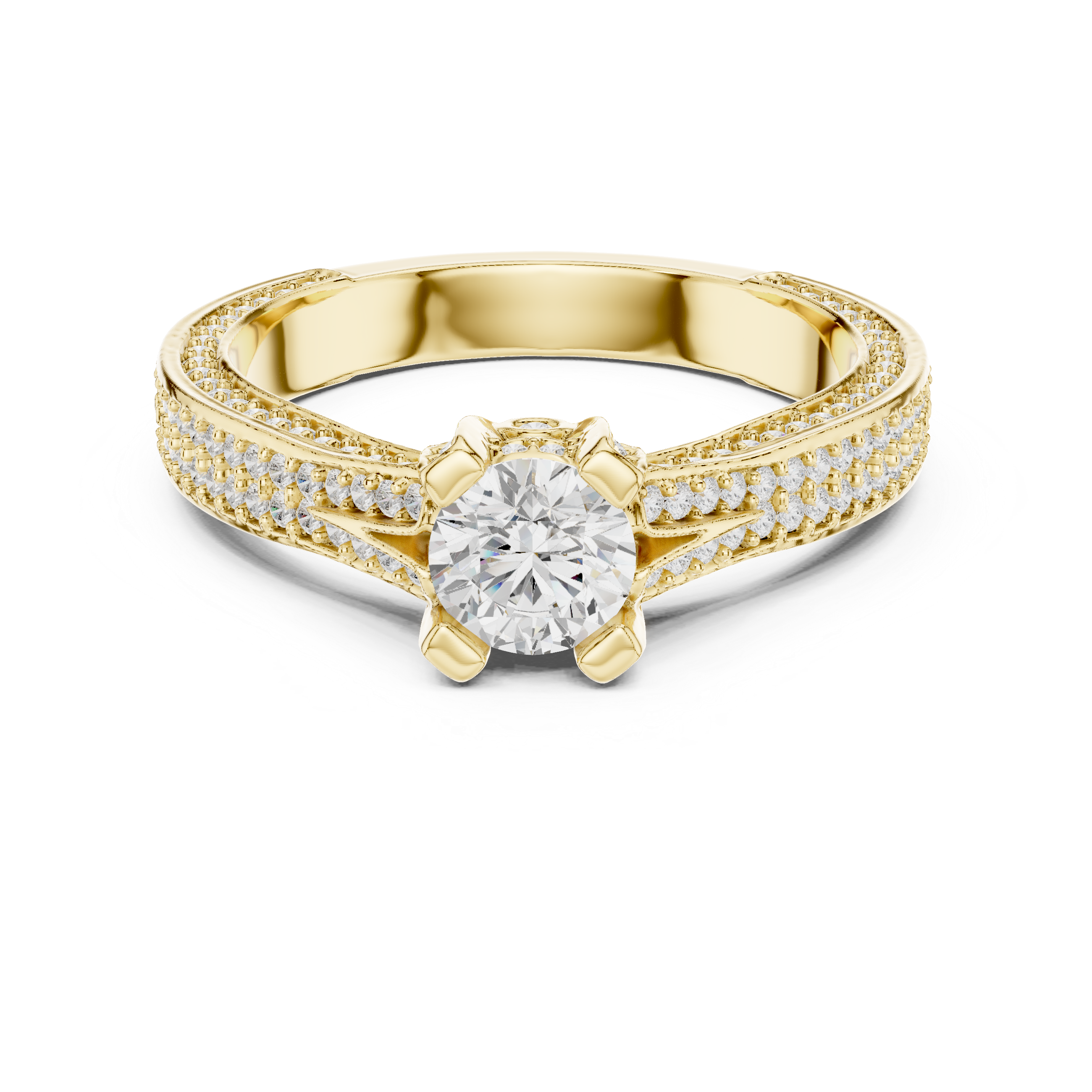 Round Cut Diamond Engagement Ring – Split Shank Pave Bridal Ring with Hidden Halo