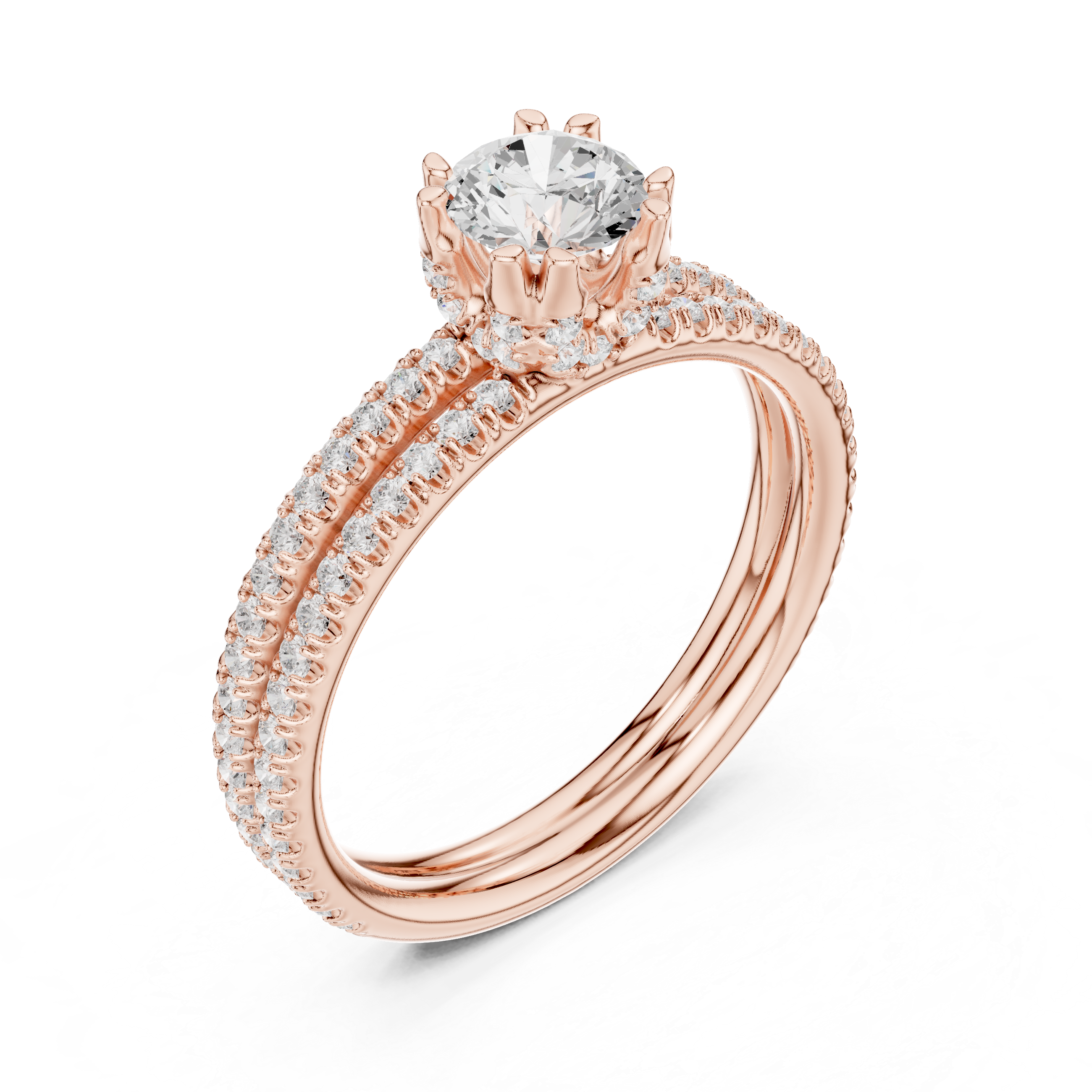 Double Row Pavé Diamond Engagement Ring – Classic Round Solitaire Bridal Ring