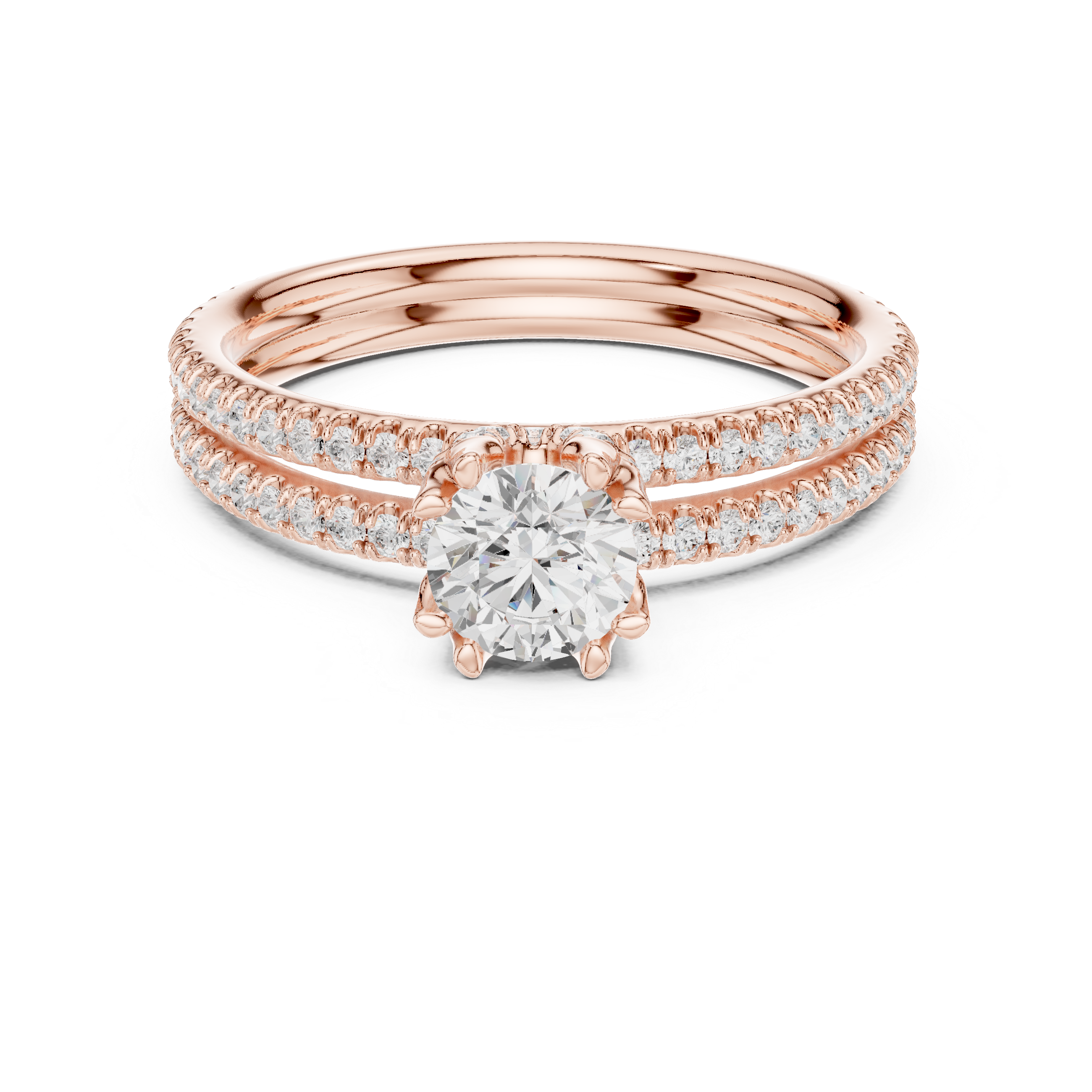 Double Row Pavé Diamond Engagement Ring – Classic Round Solitaire Bridal Ring