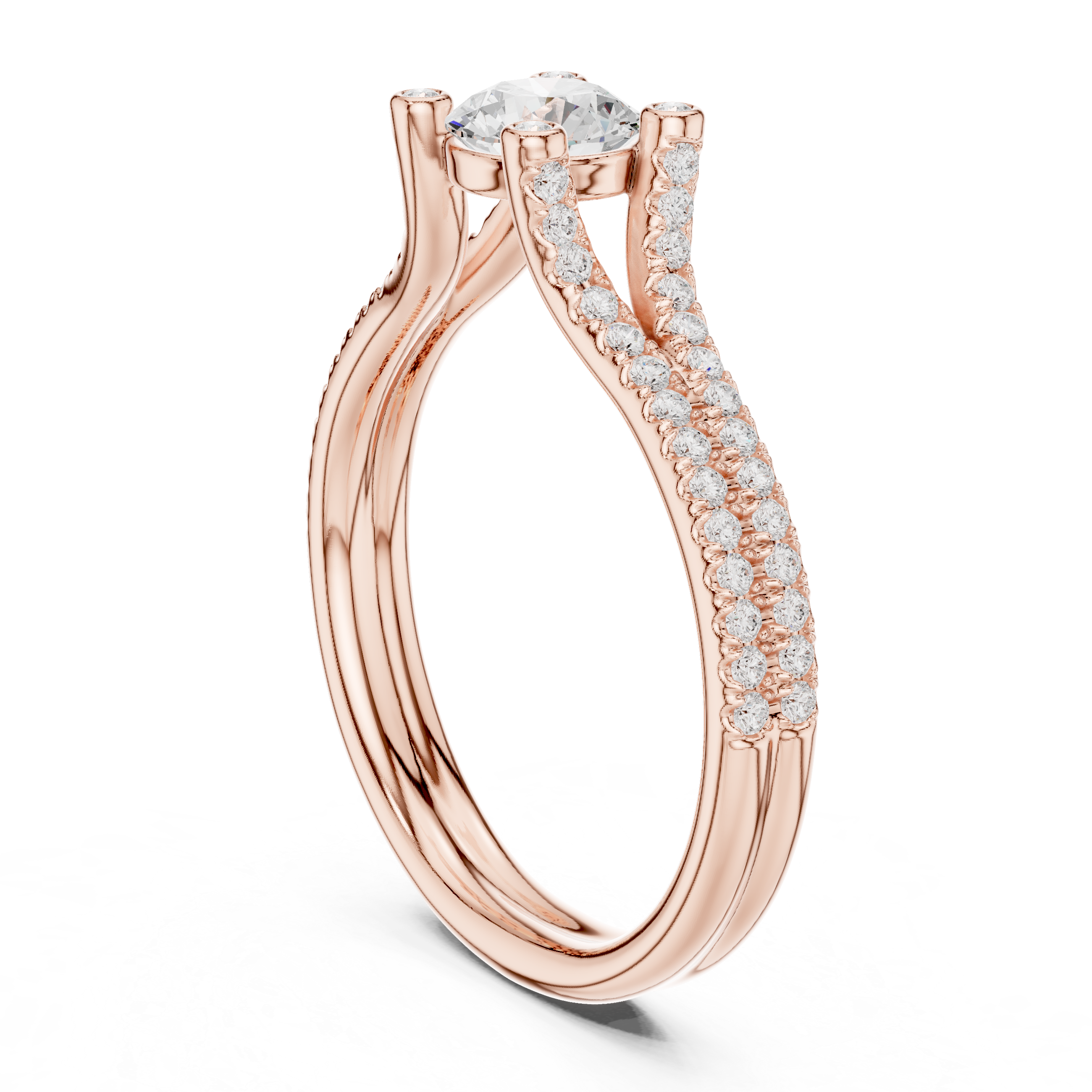 Double Pavé Split Shank Diamond Engagement Ring – Round Solitaire Bridal Ring