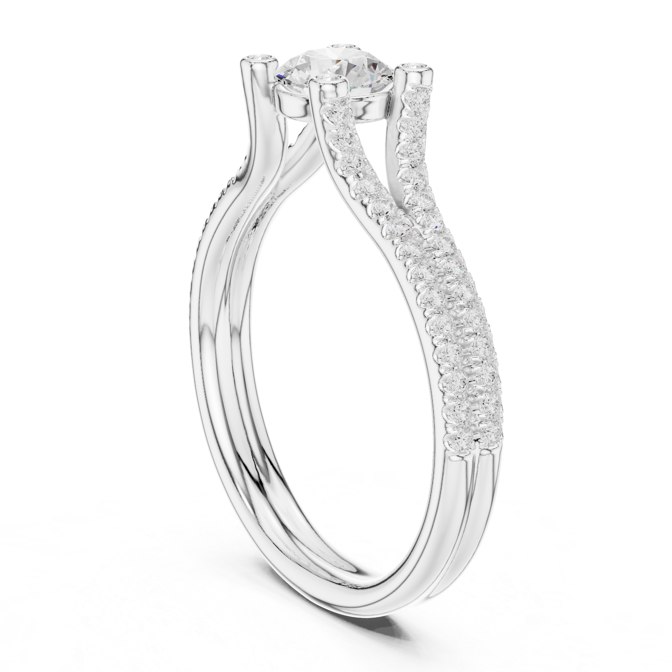 Double Pavé Split Shank Diamond Engagement Ring – Round Solitaire Bridal Ring