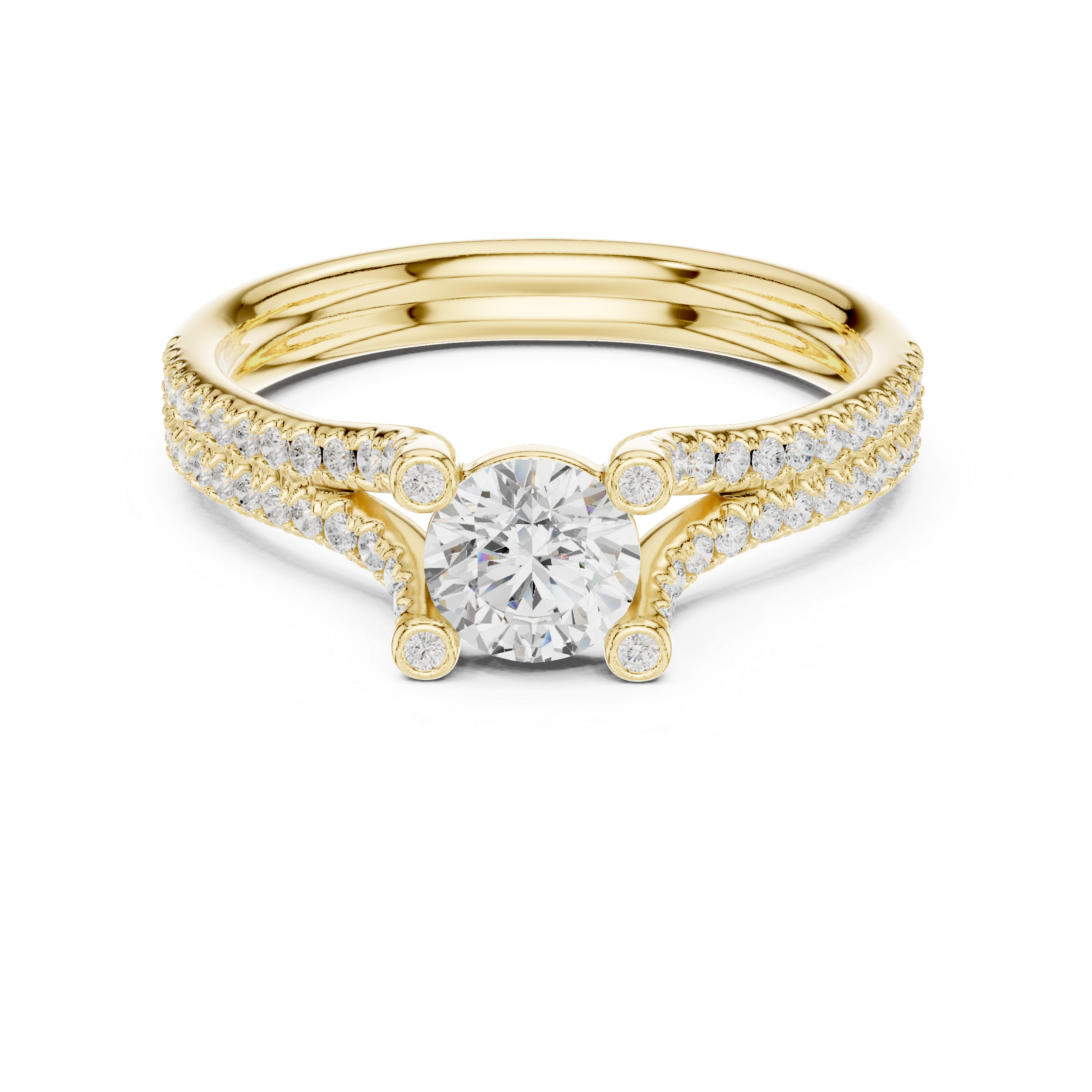 Double Pavé Split Shank Diamond Engagement Ring – Round Solitaire Bridal Ring